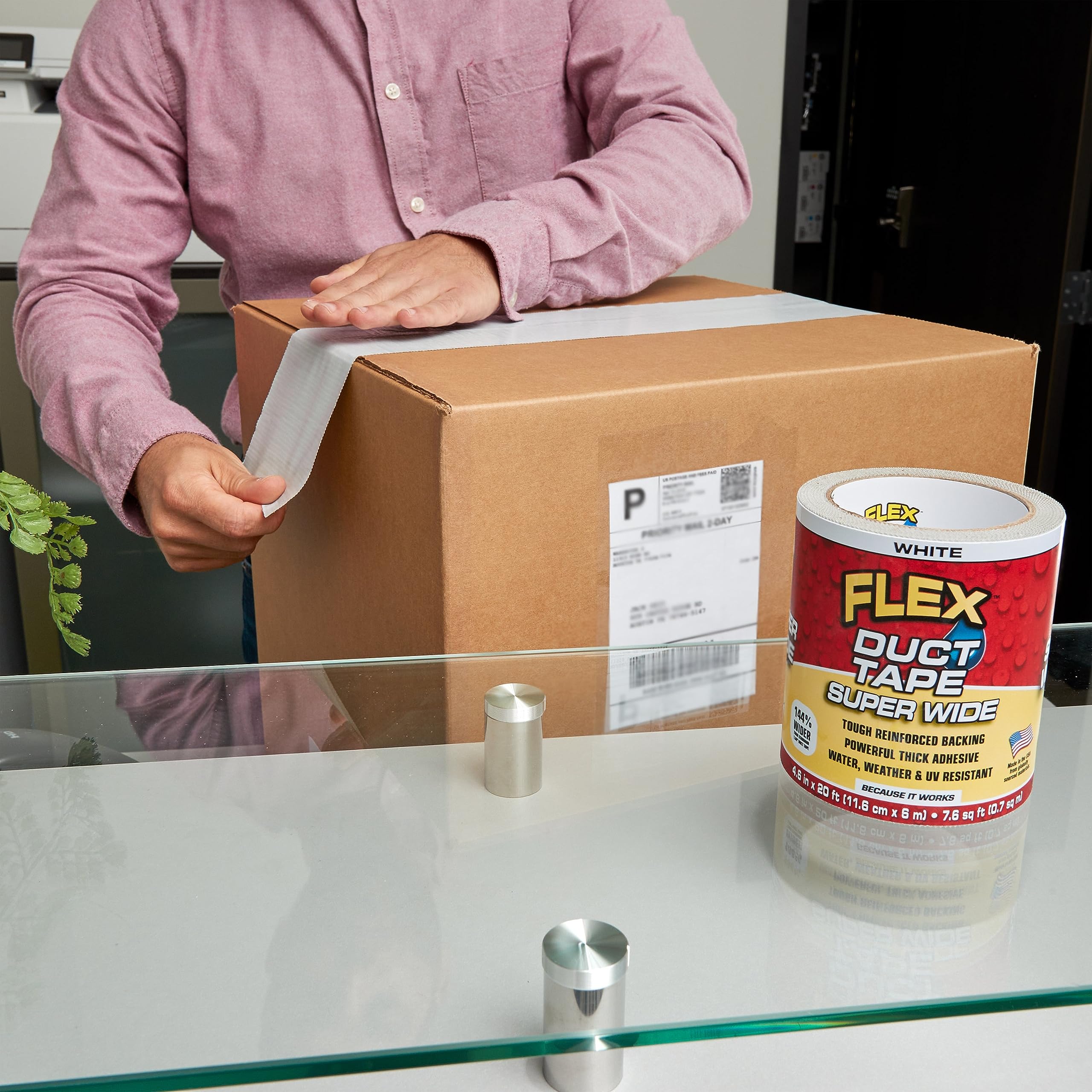 Super Wide Flex Duct Tape, 4.6 Inches x 20 Feet, White, Heavy Duty Strong, Multi-Surface, Water, Weather and UV Resistant, Tearable, Perfect for Boxes, No Residue