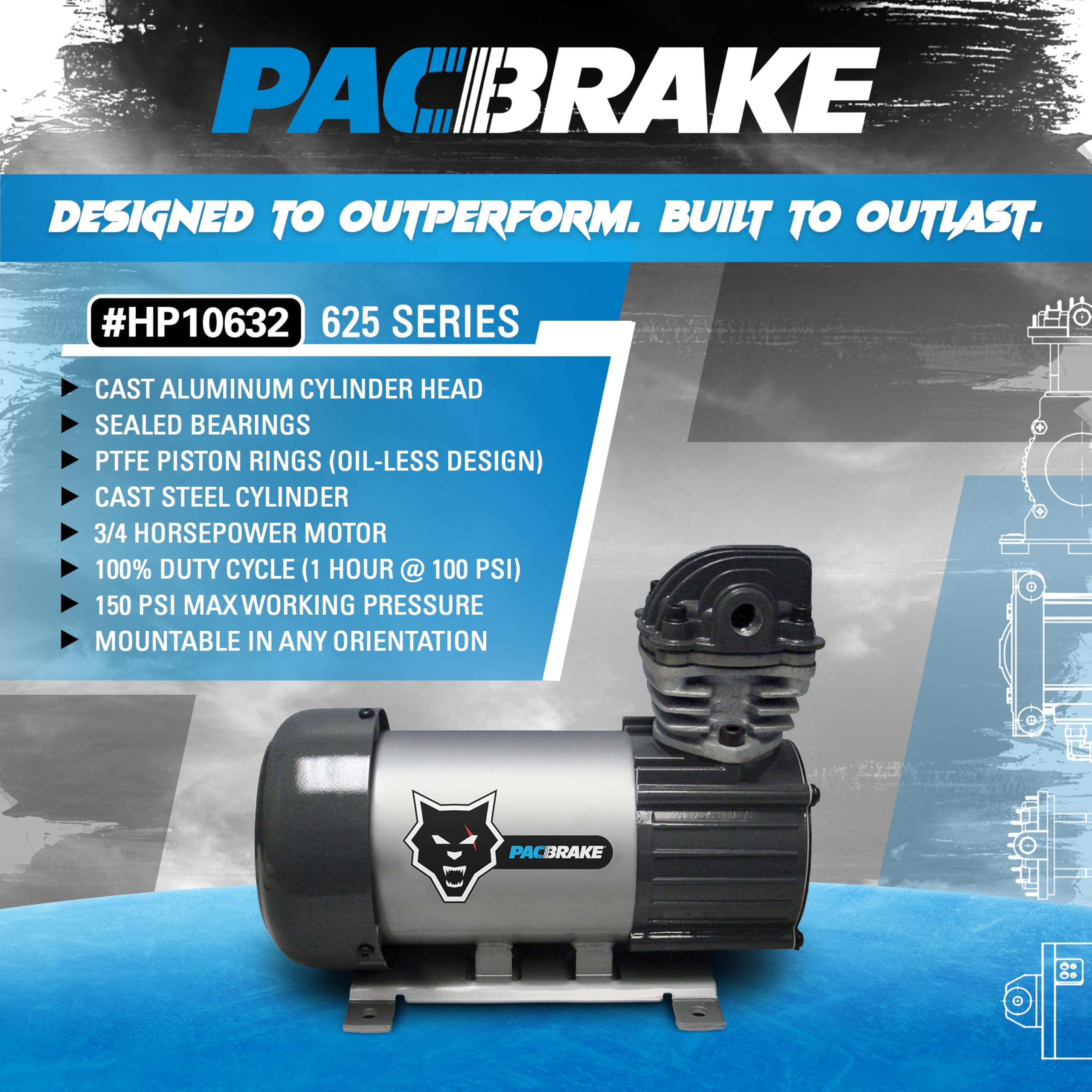 Pacbrake Basic HP10632 Air Compressor Kit | Includes Installation Hardware | Oil-less Design | Heavy-Duty Construction | 150 PSI Max Working Pressure | 100% Max Duty Cycle