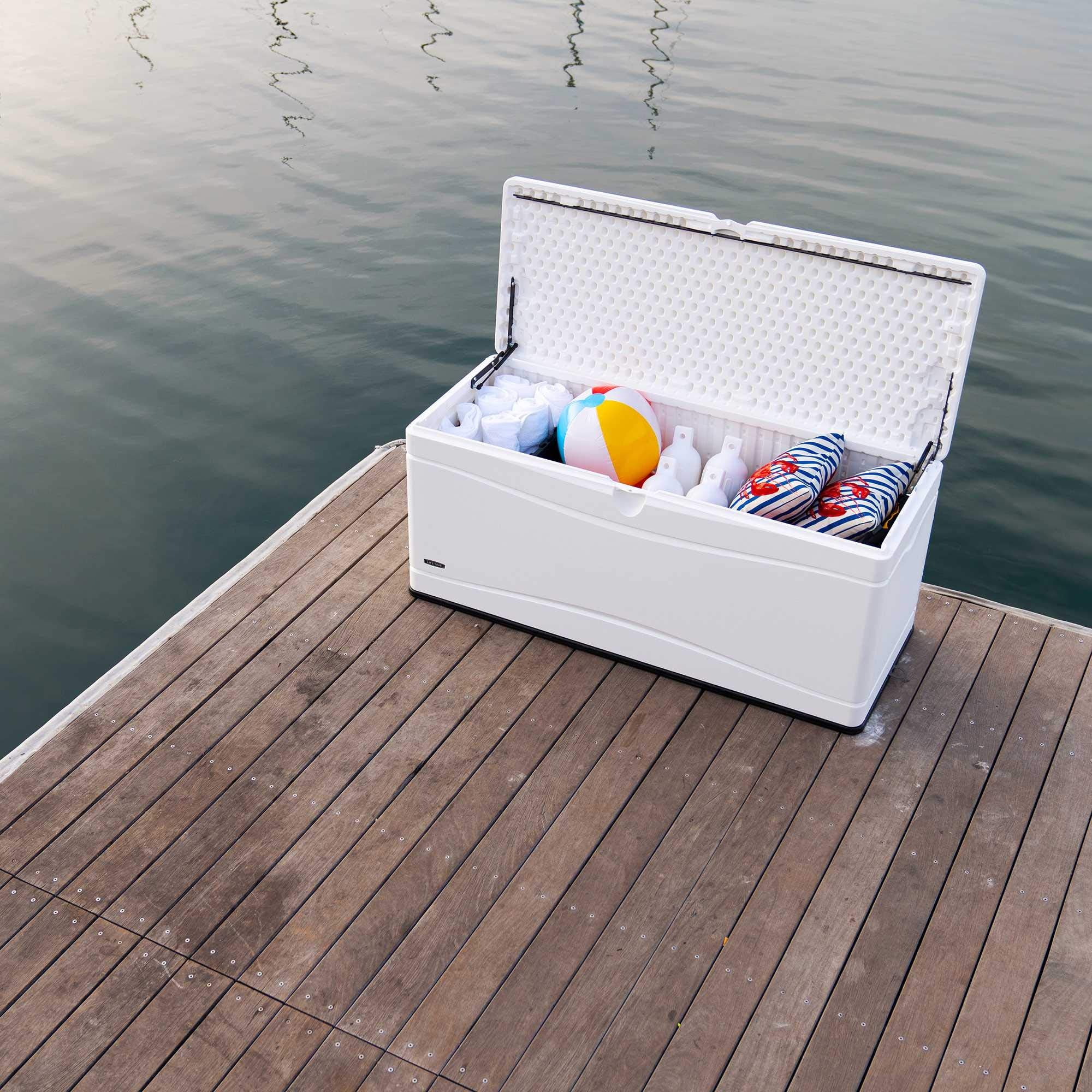 Outdoor Storage Deck Box LIFETIME, 130 Gallon, Arctic White, Lockable, UV-Protected, for Decks and Marine Docks