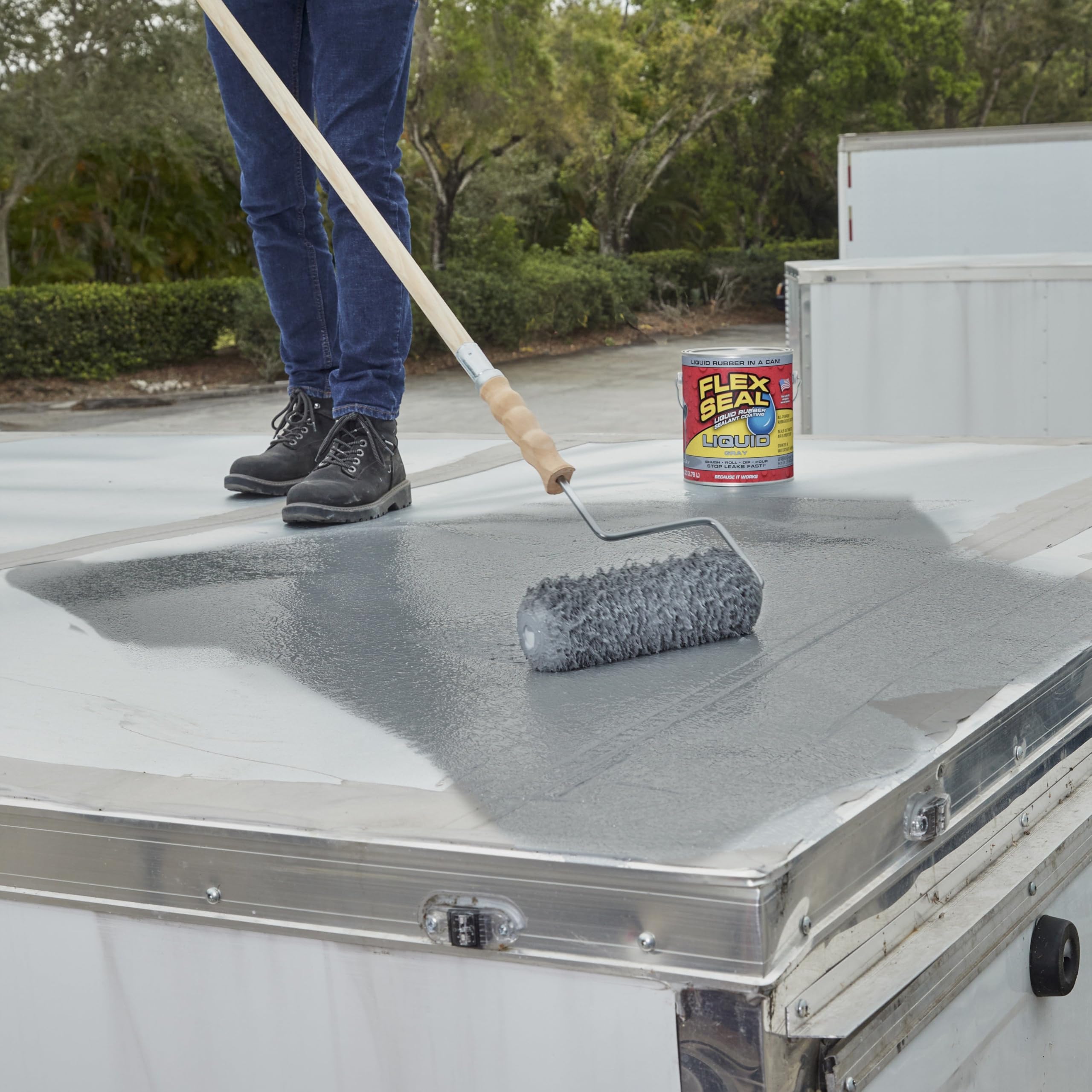 Flex Seal Liquid, Liquid Rubber Coating Sealant, Waterproof, Flexible, Breathable, and UV Resistant, Repair Roof, Basements, RV, Campers, Trailers, Marine, EPDM, Masonry, MAX, Gray, 2.5 Gallon