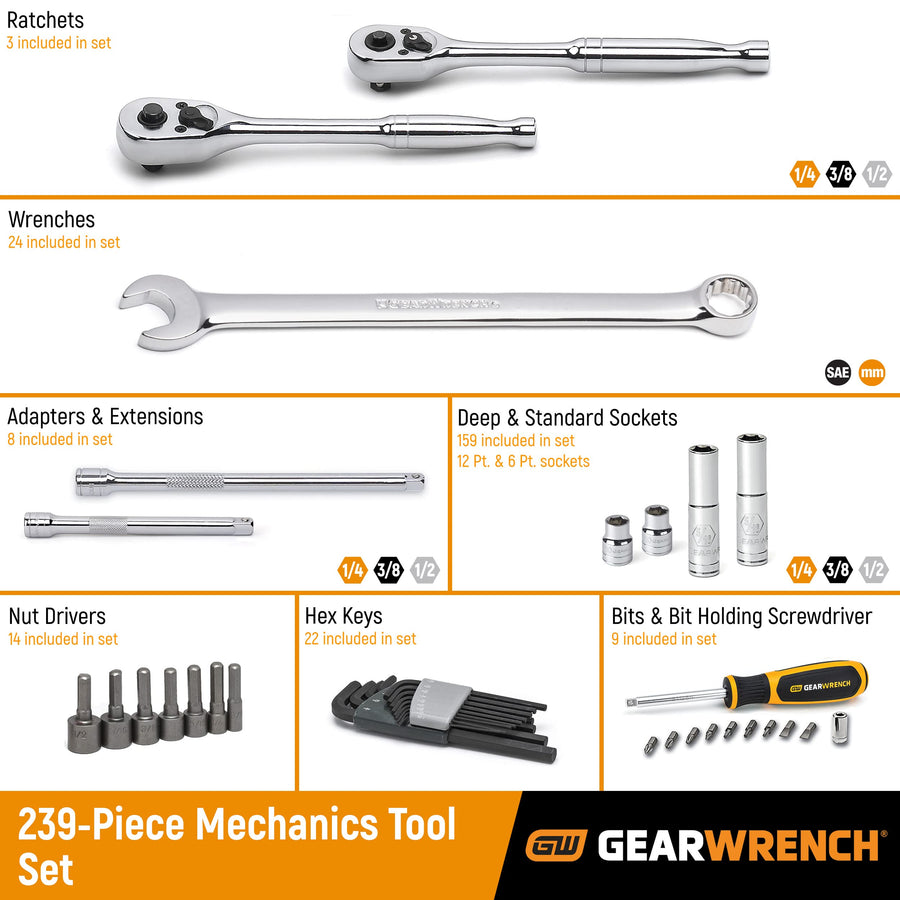 Mechanics Tool Set GEARWRENCH 239 Pc. 1/4, 3/8, 1/2 - 80942