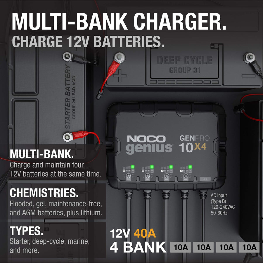 GENPRO10X4 NOCO Genius: 40A Onboard Battery Charger - 10A Per Bank, 12V Waterproof Marine Charger with Overcharge Protection & Temperature Compensation – for Lead-Acid & Lithium Batteries