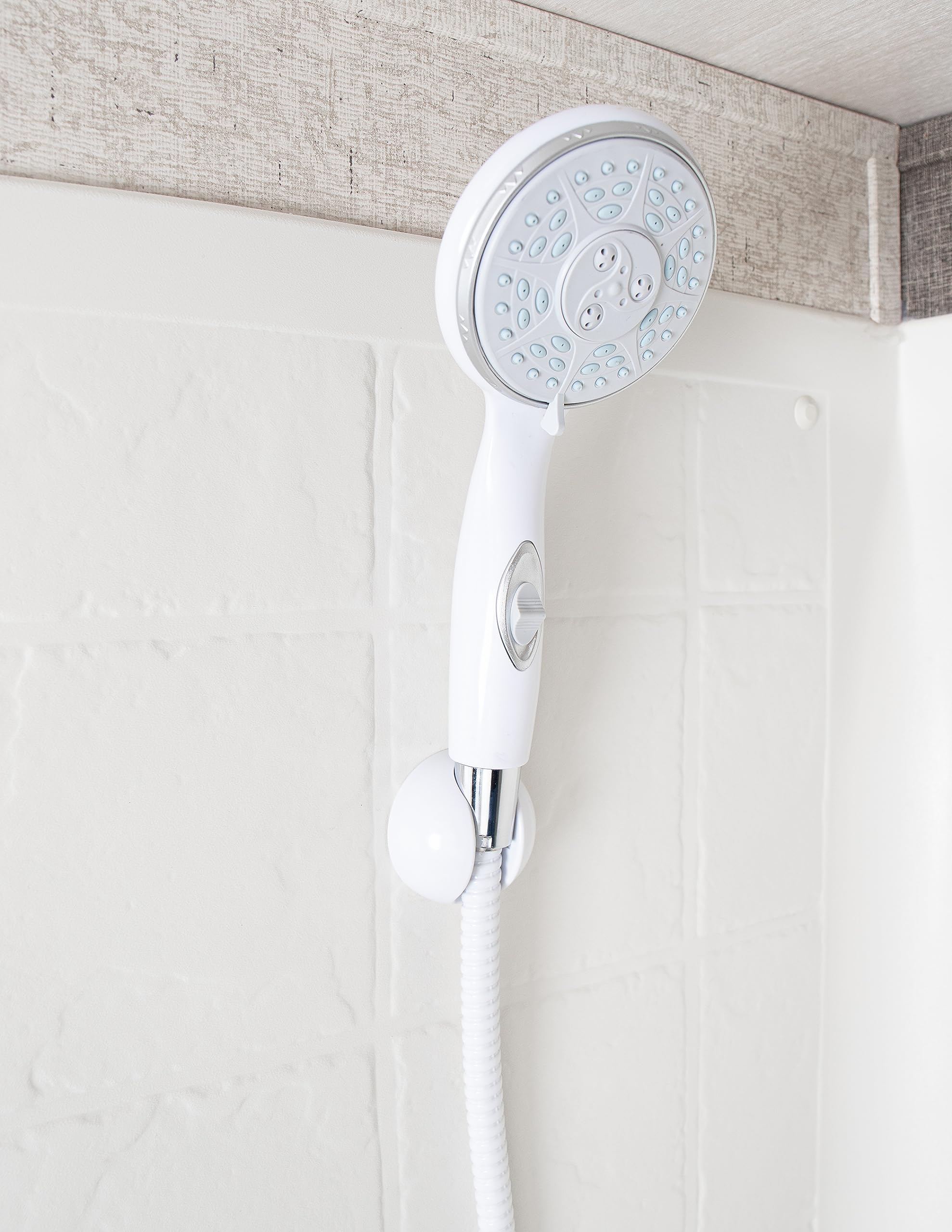 Camco Shower Head RV - Features Convenient On/Off Switch & 5 Different Spray Patterns - Designed to Conserve Potable Water - Simple to Clean w/Rubber Spray Tips - White (43711)