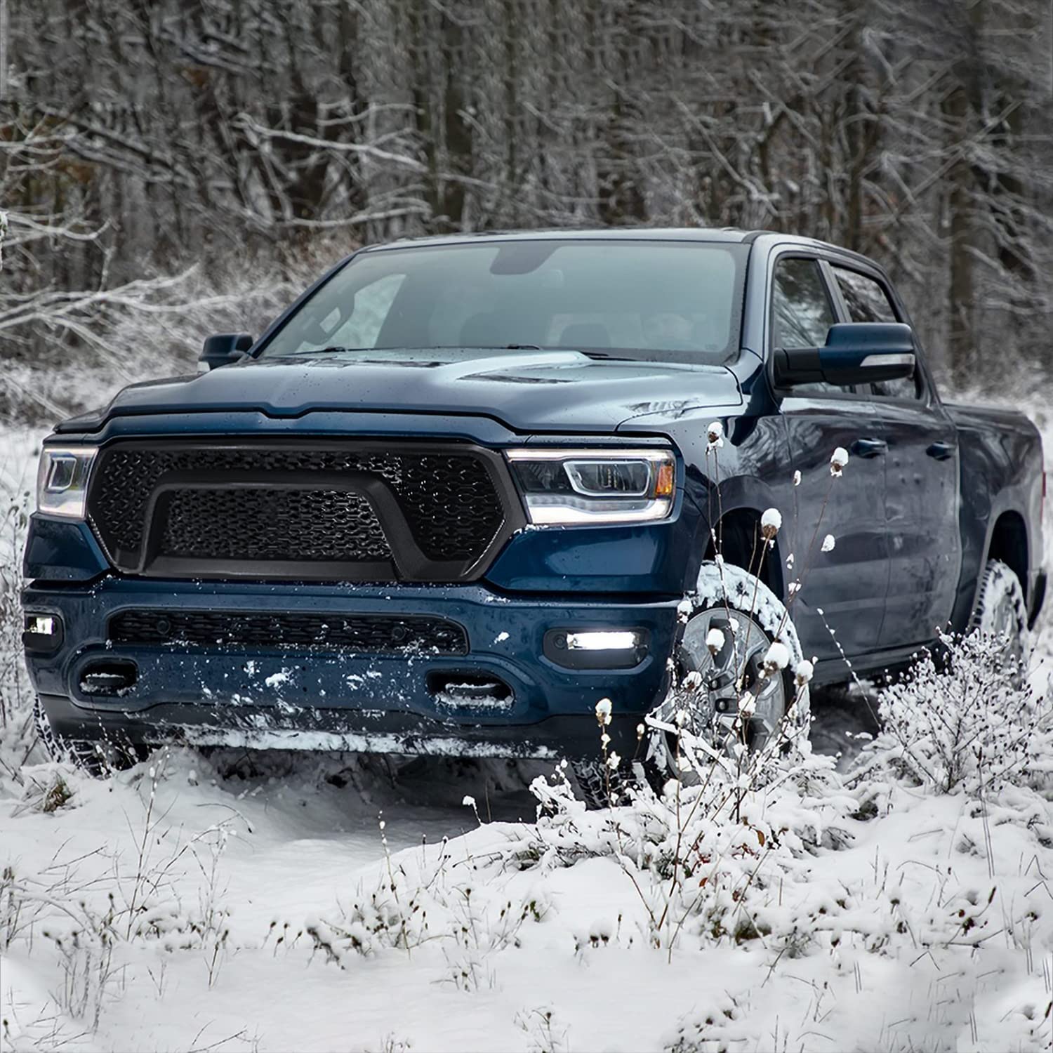 Matte Black Mesh Hood Front Grille Spec-D Tuning Compatible with 2019-2024 Ram 1500