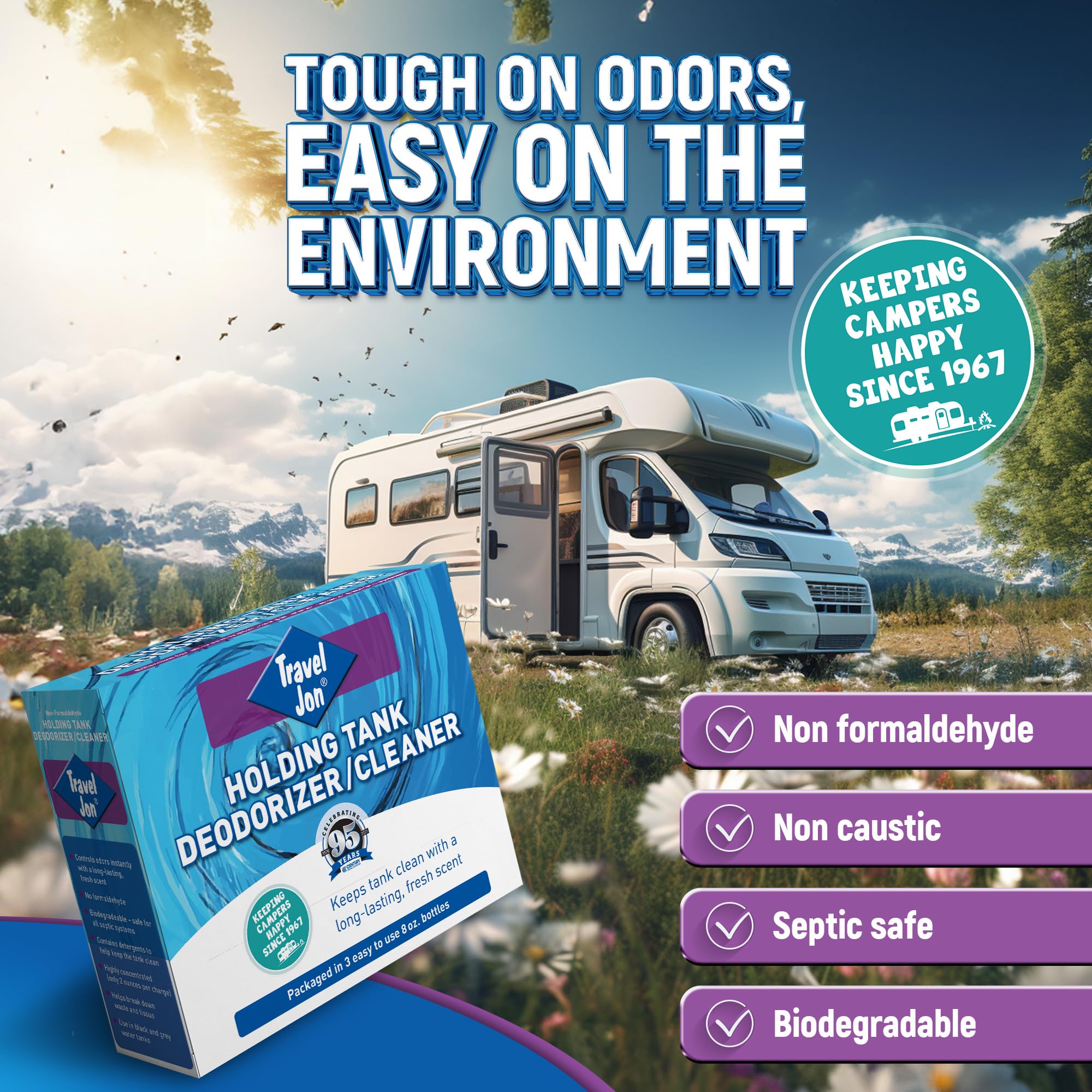 Jon Travel RV Toilet Treatment – Gray & Black Tank Treatment, Holding Tank Waste Digester for RV, Camper, Boat, & Porta Potty – Extra Strength Odor Eliminator (8oz - 3 pack)