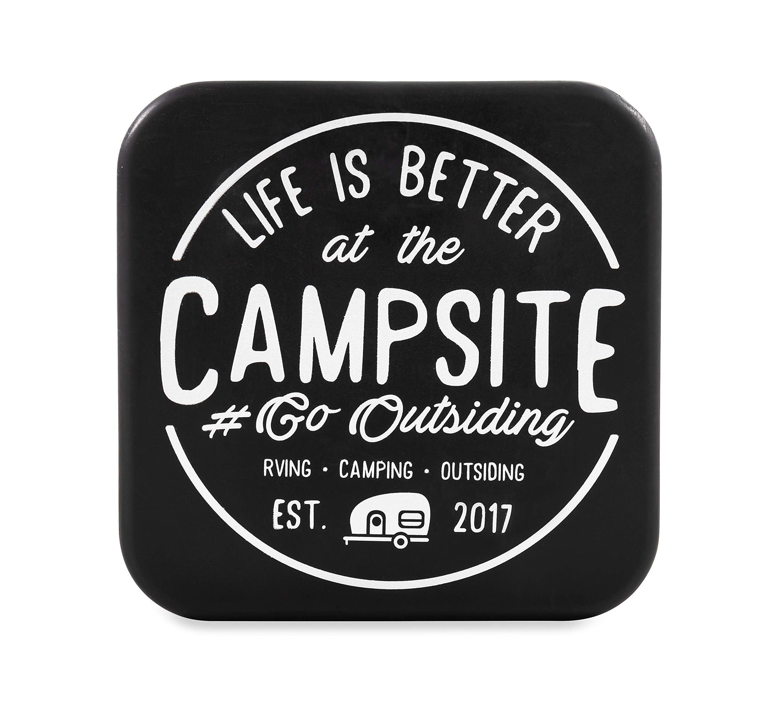 Hitch Receiver Cover Camco Life is Better at The Campsite | Protects Your Trailer Hitch Receiver from Debris, Dirt, Water and Rust | Life is Better at The Campsite Emblem, Black/Silver (53411)