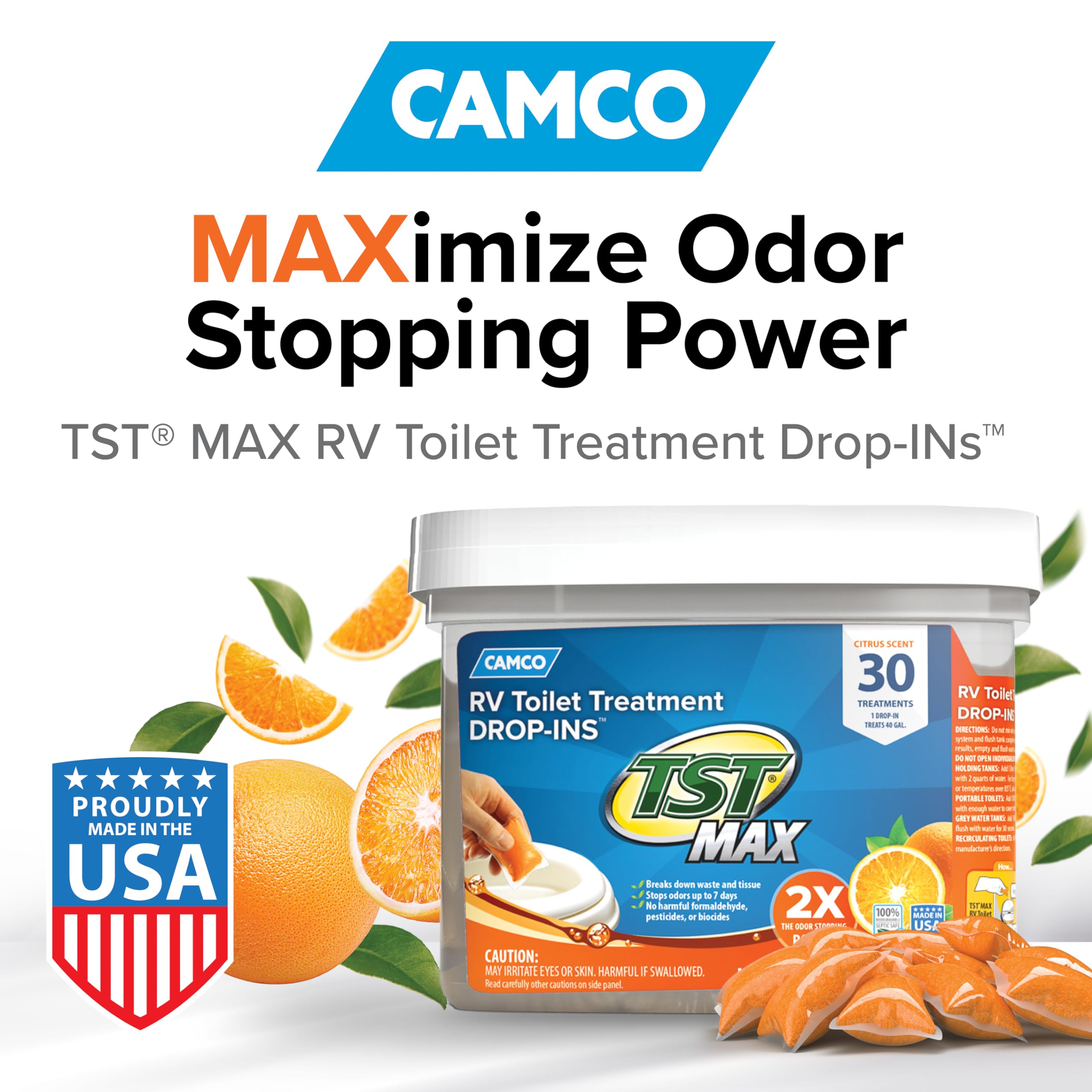 Camco TST MAX Drop-INs RV Toilet Treatment - Control Unwanted Odors & Break Down Waste and Tissue - Safe Septic Tank Treatment - Orange Scent, 30-Pack (41183)