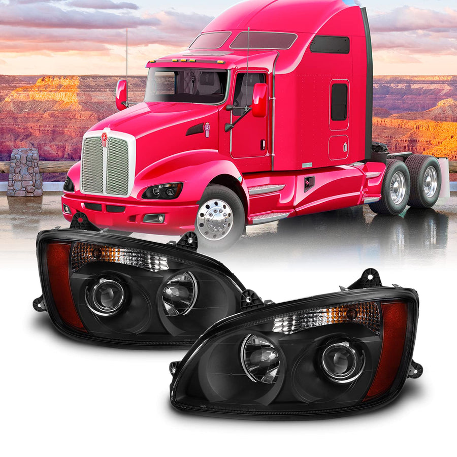 AKKON - OE Style Projector Headlights Fits 2008-2017 Kenworth T660 T170 T270 T370 T700 Black Housing - Pair