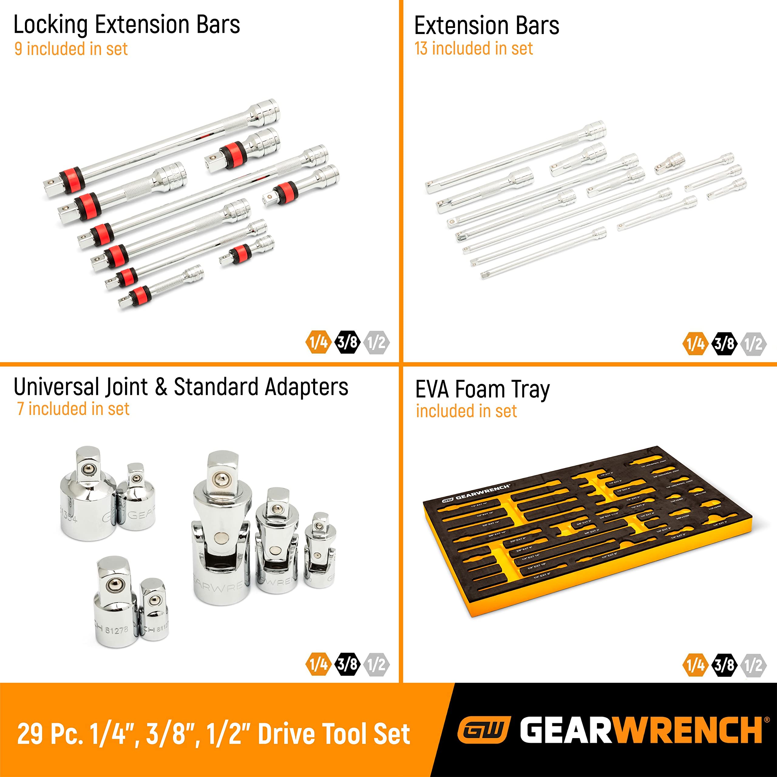 29 Piece GEARWRENCH 1/4", 3/8", 1/2" Drive Chrome Tool Accessories Set with EVA Foam Tray - 86523