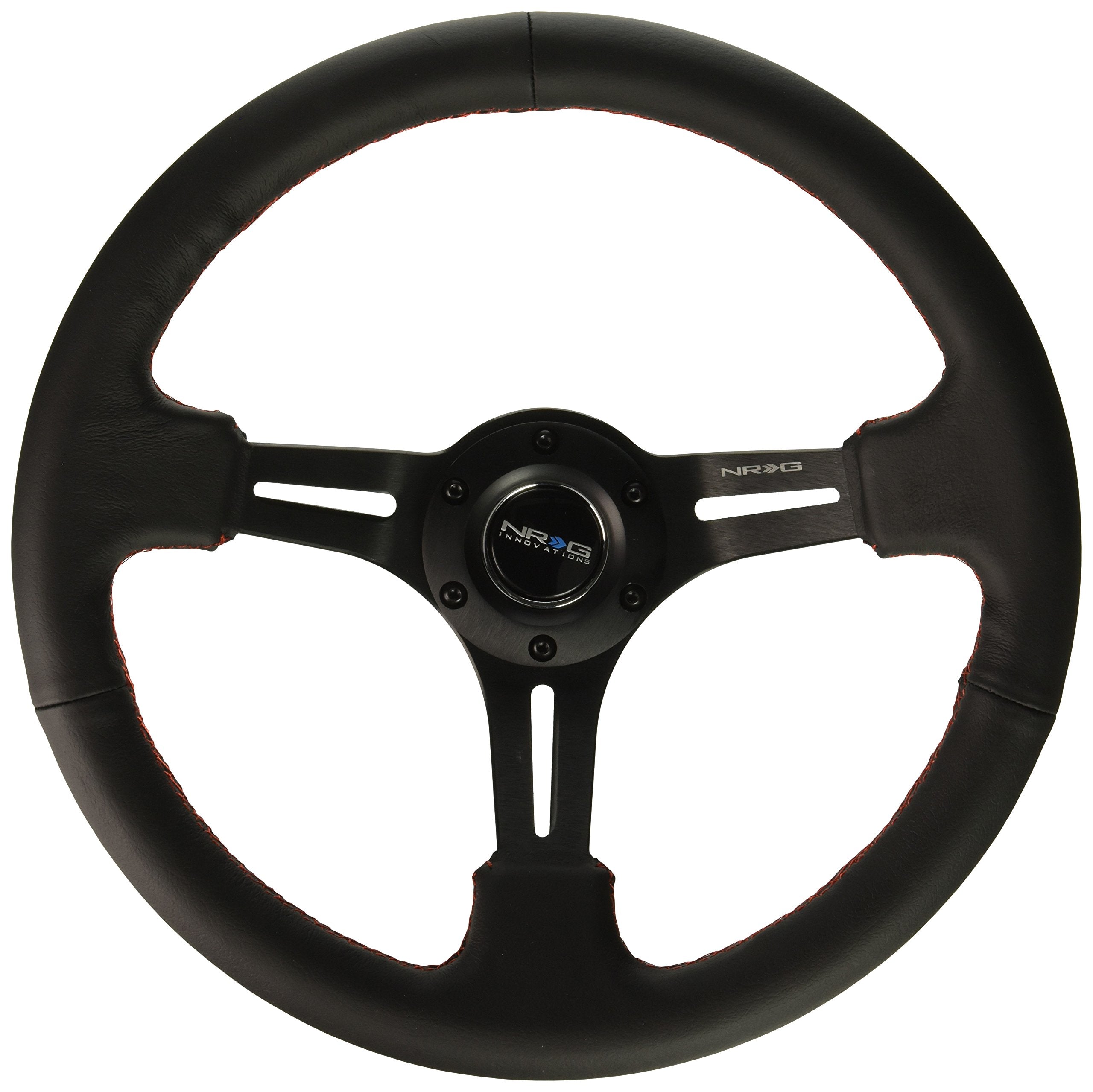 NRG Innovations Reinforced NRG-RST-018R-RS Steering Wheel 350mm Sport Steering Wheel (3" Deep) Black Leather with Red Stitching, Slit Spoke Design over Circular Cut-Outs