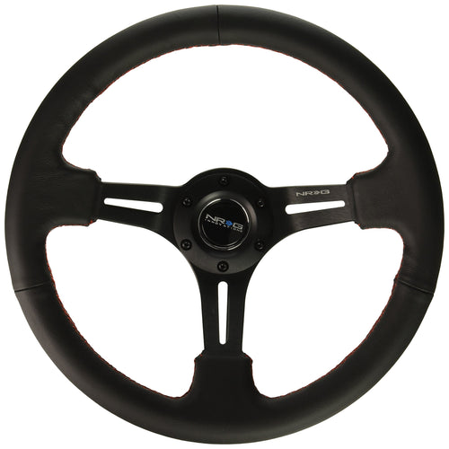 NRG Innovations Reinforced NRG-RST-018R-RS Steering Wheel 350mm Sport Steering Wheel (3" Deep) Black Leather with Red Stitching, Slit Spoke Design over Circular Cut-Outs