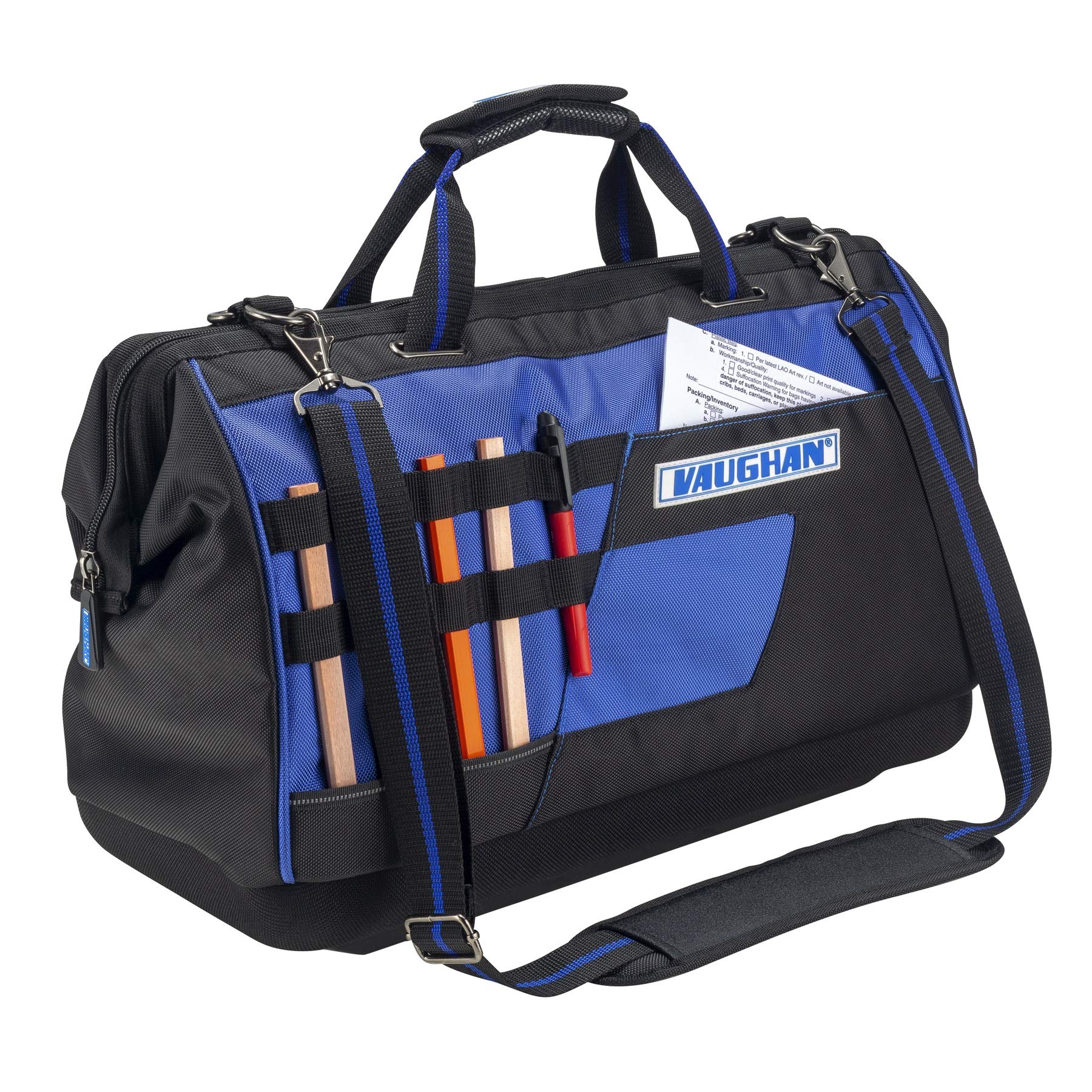 20 inch Vaughan Heavy Duty Wide Mouth Tool Bag 1680 Denier Polyester, 12 Pockets, 13 Tool Loops, Molded EVA Bottom, Carry Handles, Shoulder Strap, Carabiner Clip, 20 in. x 13 in. x 9 in. - 240158