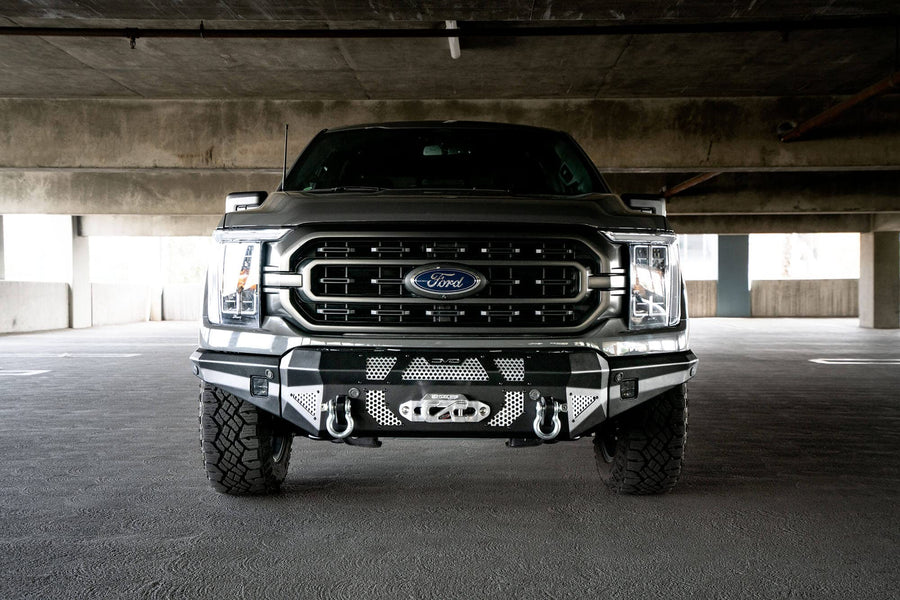 FBFF1-10 | DV8 Offroad | MTO Series Front Bumper for 2021-Current F-150 | 3 Pc Modular Construction | Factory Sensor Compliant | Integrated Winch Mount | Strategic Airflow Cutouts | LED Light Mounts