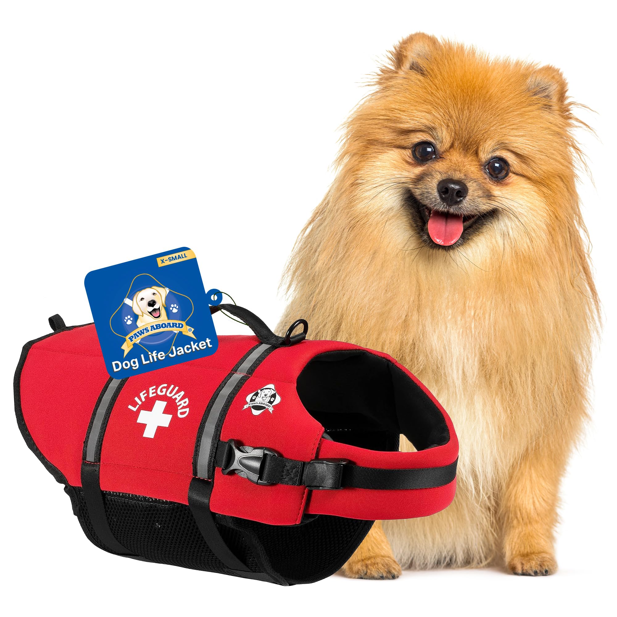 Dog Life Jacket Paws Aboard - Swimming Vest for Dogs, Adjustable, Reflective, Comfortable, Multiple Colors, Patterns, XX-Small to Extra Large Dog Swim Vest with Handle (Red, X-Small)