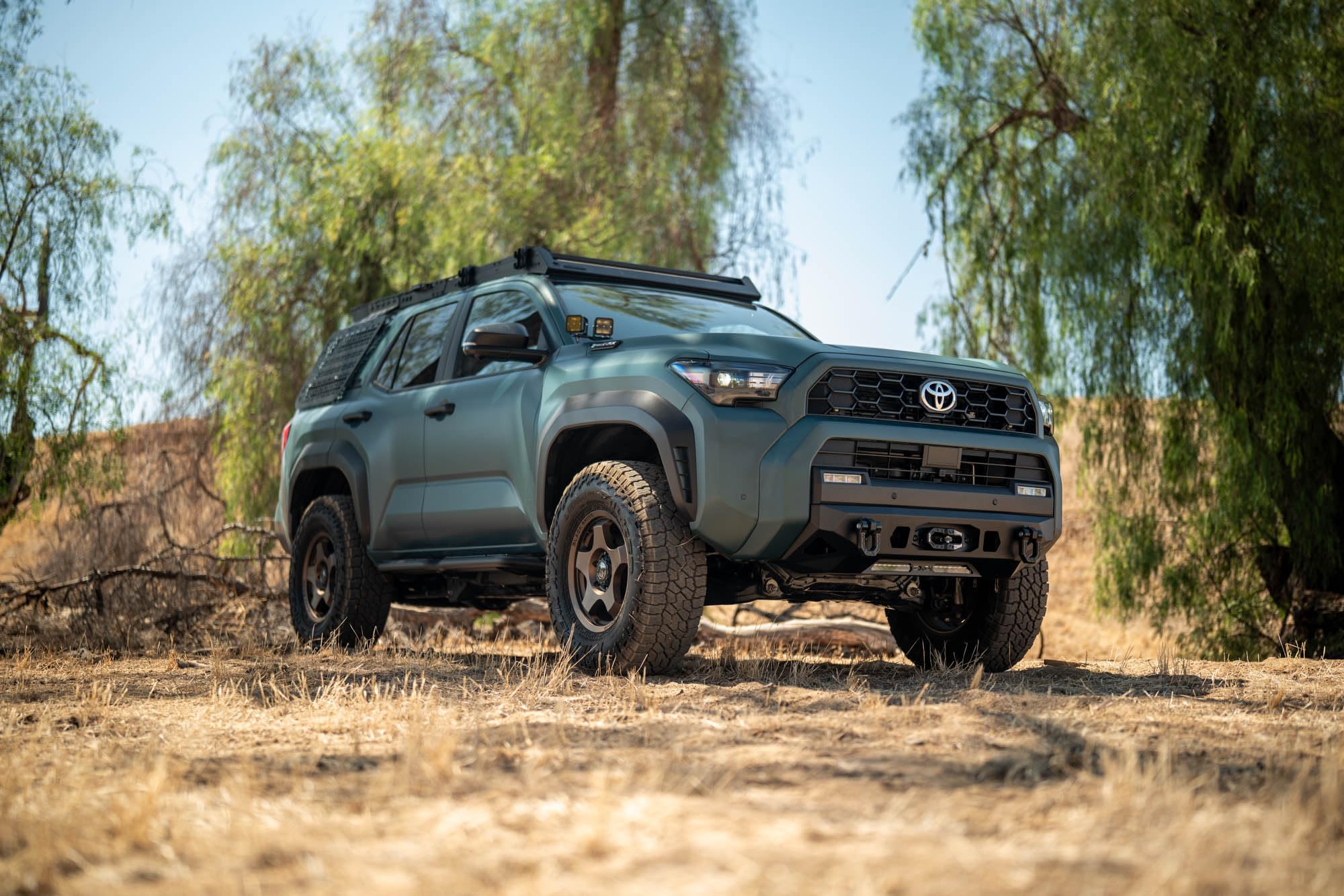 Centric Winch Front Bumper DV8 Offroad for 2025 Toyota 4Runner | Winch Mount | 20" Single Row Light Bar Mount | Pair of 3" Pod Light Mounts | (2) 1" Thick D-Ring Mounts | Powder Coated Finish | Steel