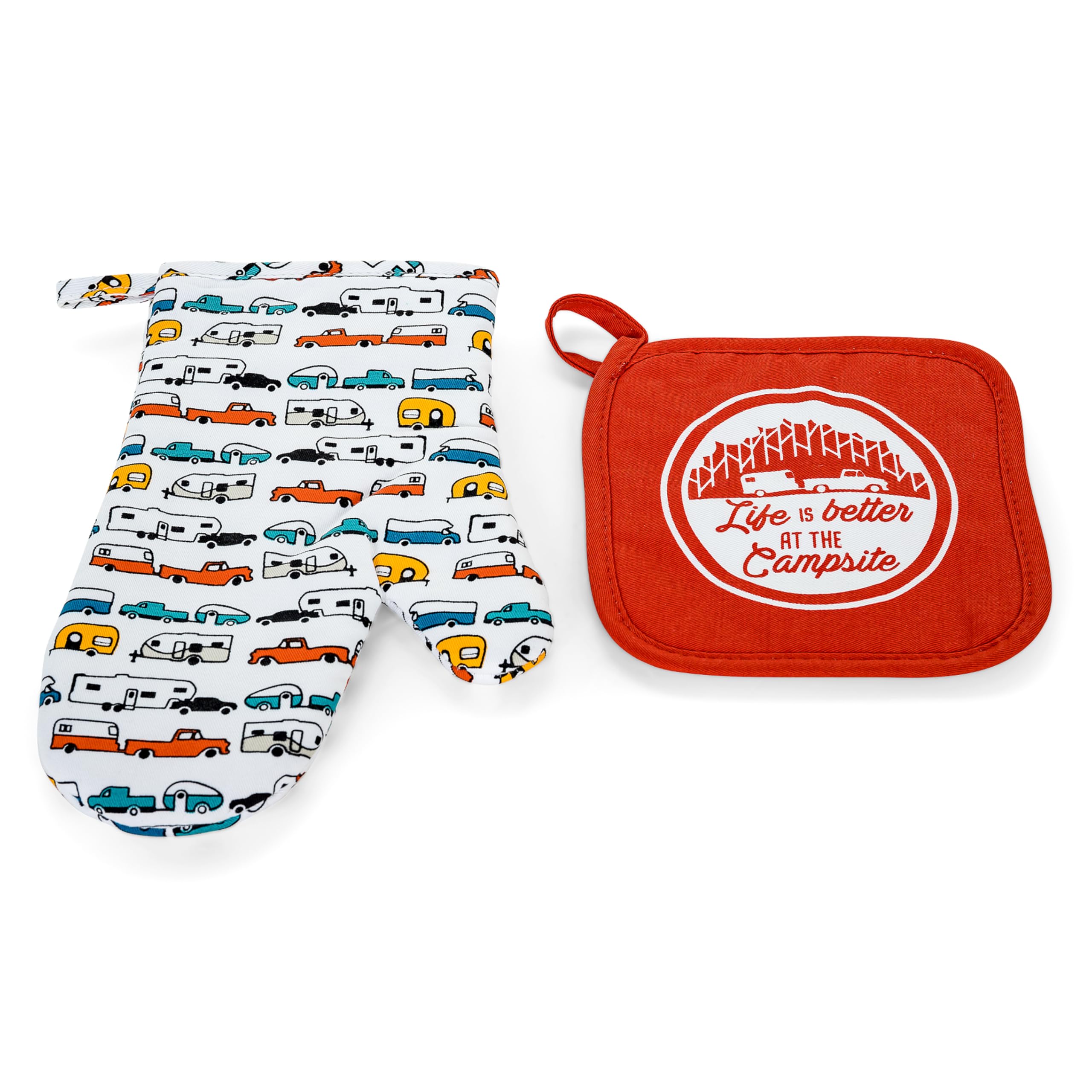 Camco Heat Resistant Life is Better at The Campsite Oven Mitt and Pot Holder Set - Heat Resistant, 100% Cotton - Features Unique RV Camping-Themed Design (53259)