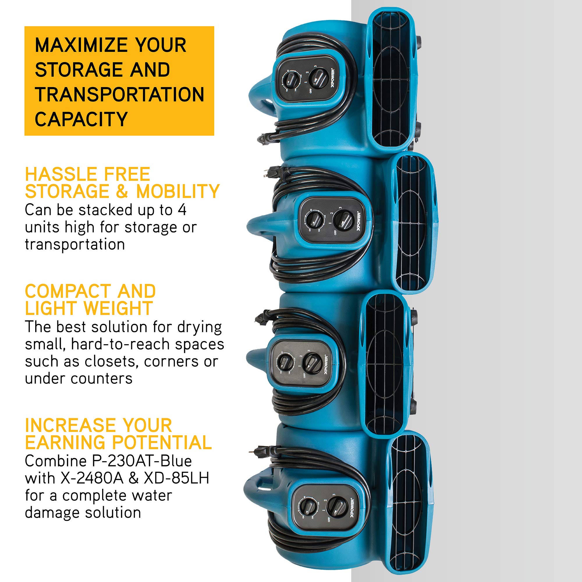 Mini Mighty XPOWER P-230AT 1/4 HP 925 CFM Centrifugal Air Mover, Carpet Dryer, Floor Fan, Blower, Stackable, Daisy Chain, for Water Damage Restoration, Janitorial, Plumbing, Home Use