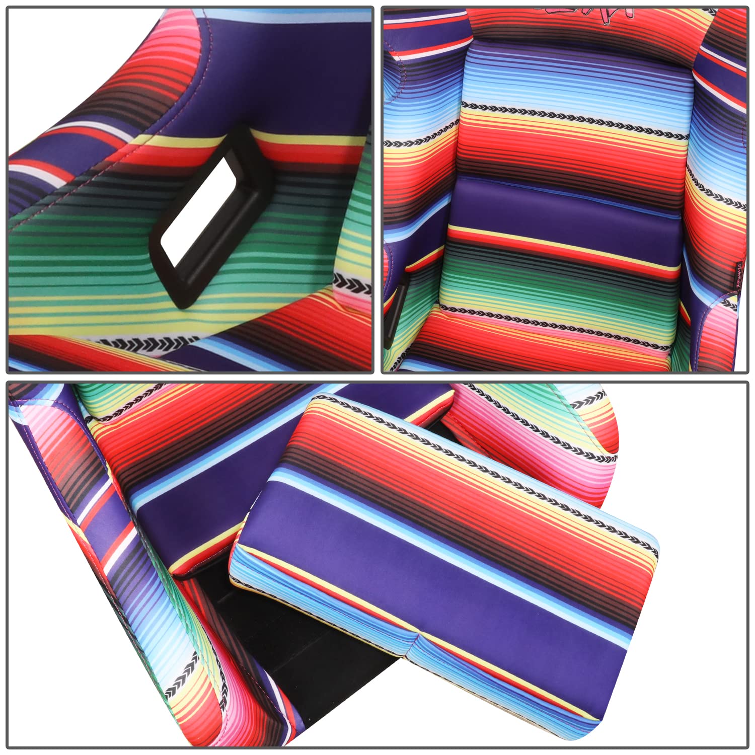 NRG Innovations Prisma NRG-FRP-302-MEXICALI Fixed Back Bucket Racing Seat wBottom Mount, Serape Design/Fresh Red Glitter Back