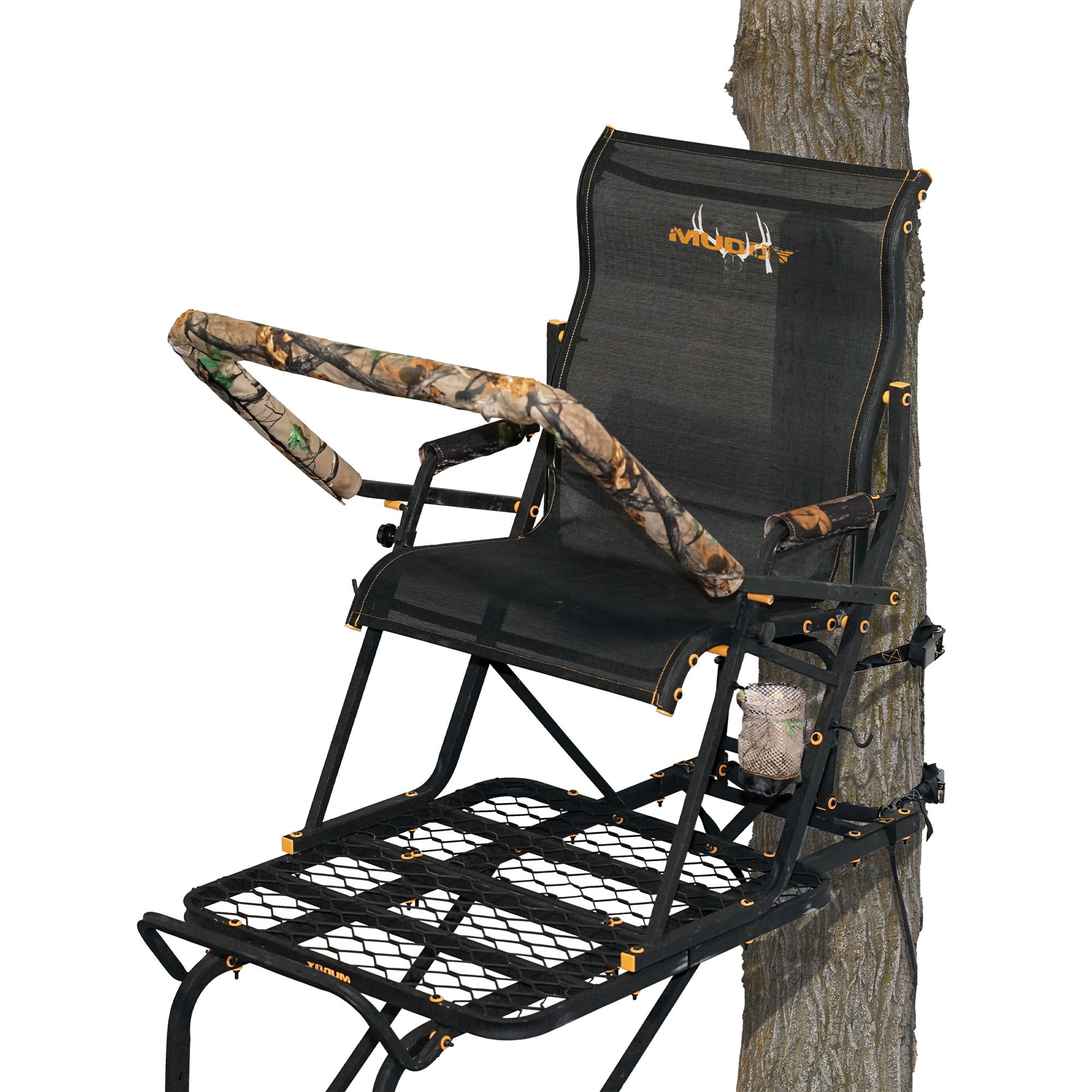 Muddy 1.5 Boss Hawg Deer Hunting Ladderstand, 17 Foot 1 Person Climbing Tree Stand with Lumbar Seat and Expanded D-Force Metal Platform