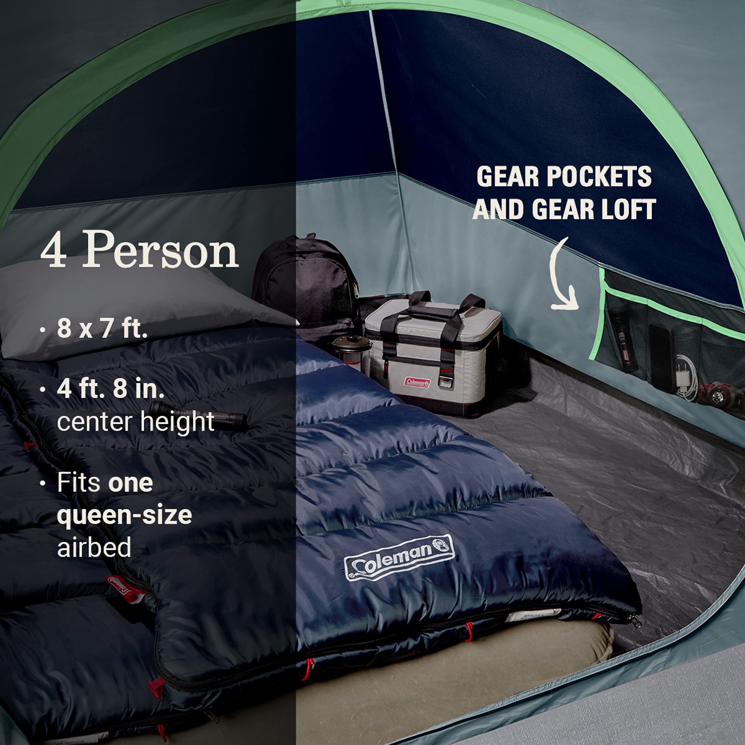Coleman Camping Tent Skydome with LED Lights, Weatherproof 4/8 Person Family Tent Includes Pre-Attached Poles, Rainfly, Carry Bag, Ventilation and LED Lighting System, Sets Up in 5 Minutes