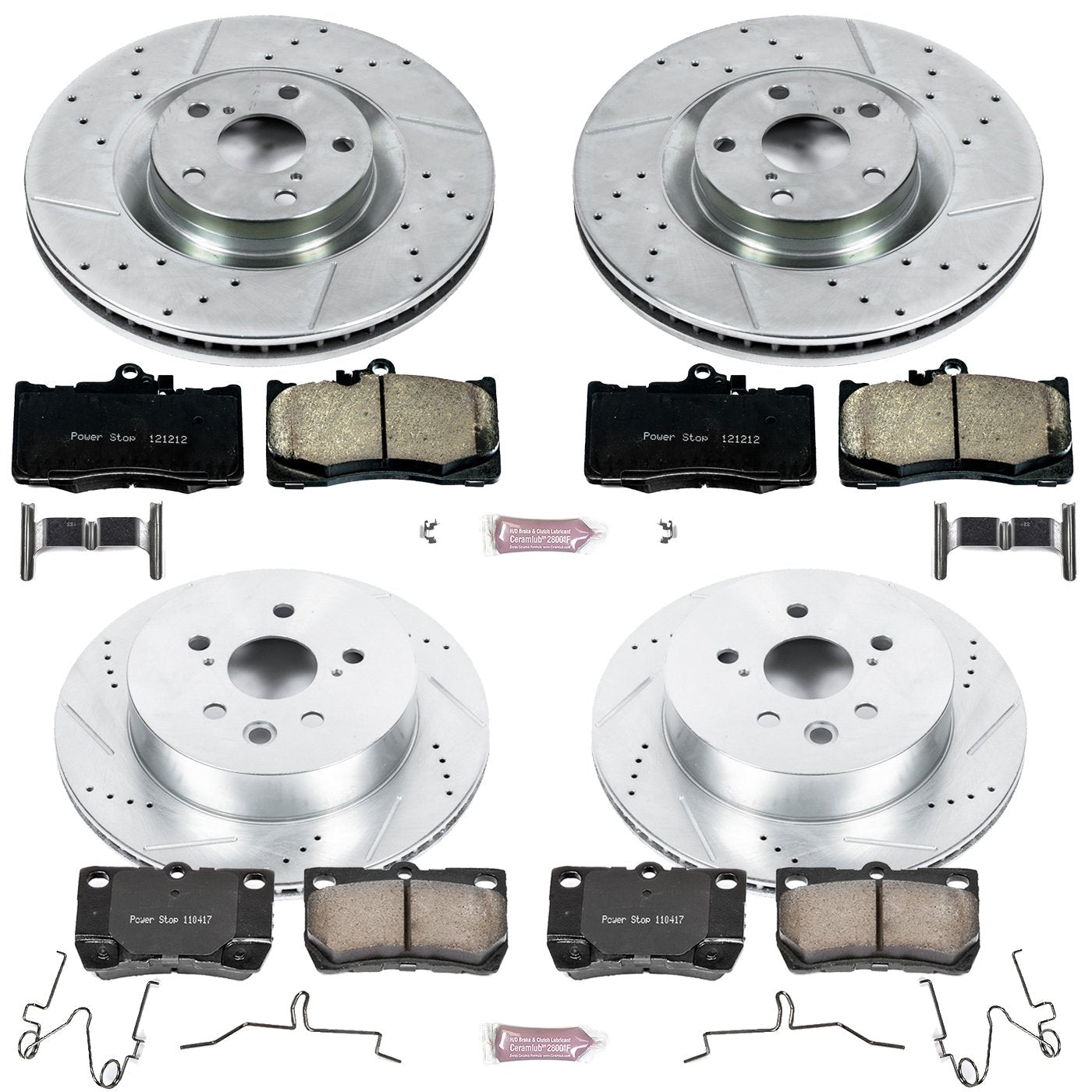 Power Stop K6356 Z23 Carbon Fiber Brake Pads Front and Rear with Drilled & Slotted Brake Rotors Kit