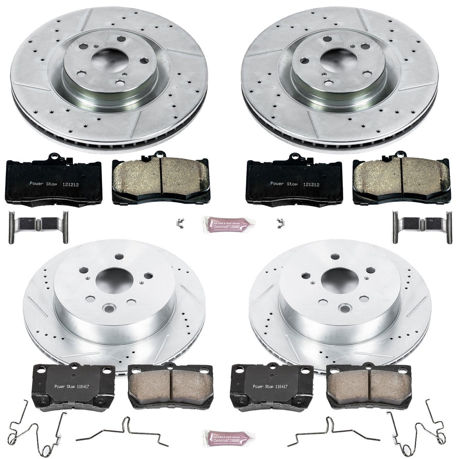 Power Stop K6356 Z23 Carbon Fiber Brake Pads Front and Rear with Drilled & Slotted Brake Rotors Kit