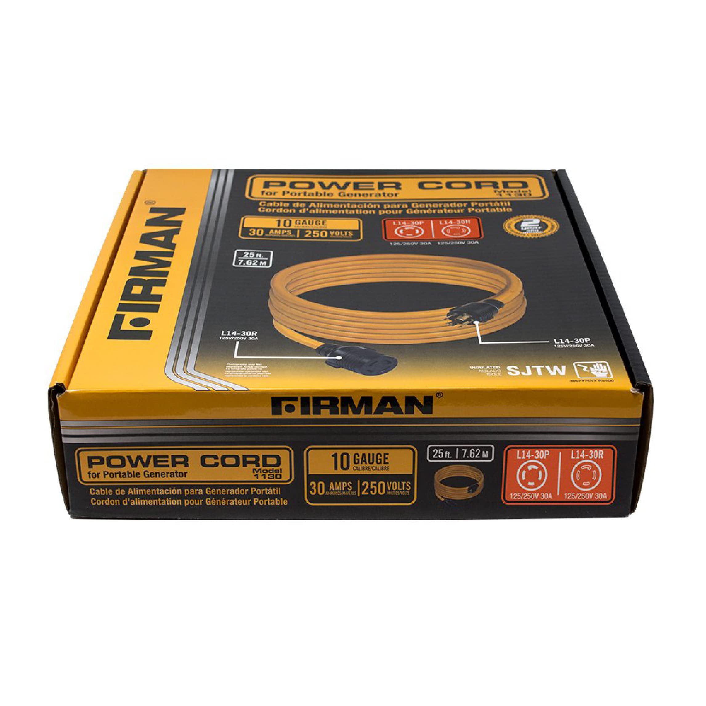 FIRMAN Power Cord, 10AWG with Storage Strap, 30 AMP Wiring, Fully Insulated Extension Cord, L14-30P to L14-30R Outlet, Pack of 1, 25 ft.