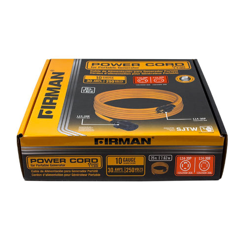 FIRMAN Power Cord, 10AWG with Storage Strap, 30 AMP Wiring, Fully Insulated Extension Cord, L14-30P to L14-30R Outlet, Pack of 1, 25 ft.