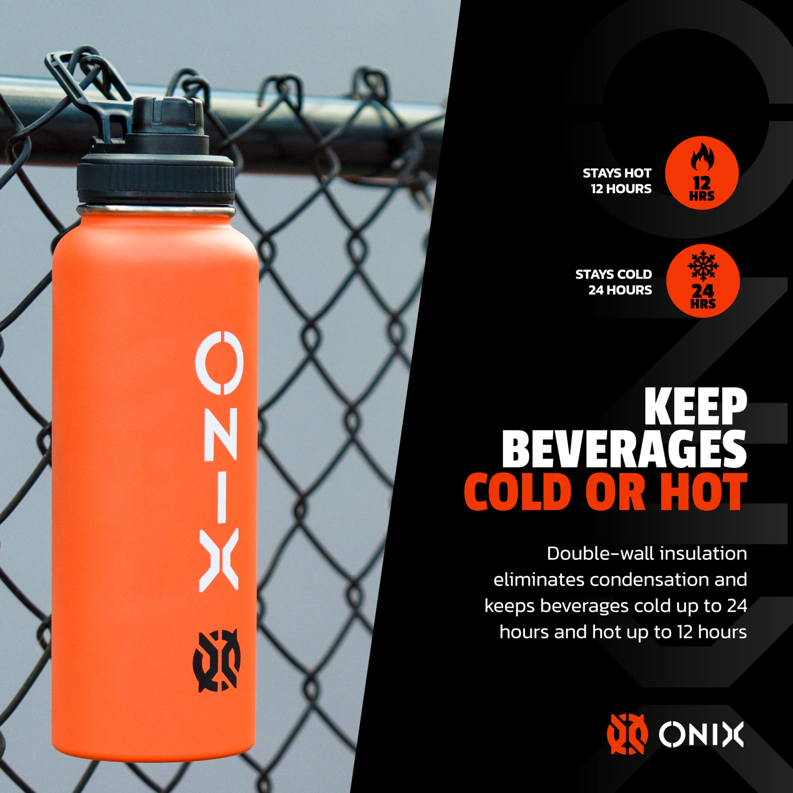 Stainless Steel ONIX Pickleball Accessory Dishwasher Safe Insulated Sweat Proof Double Wall 40 oz. Water Bottle — Orange