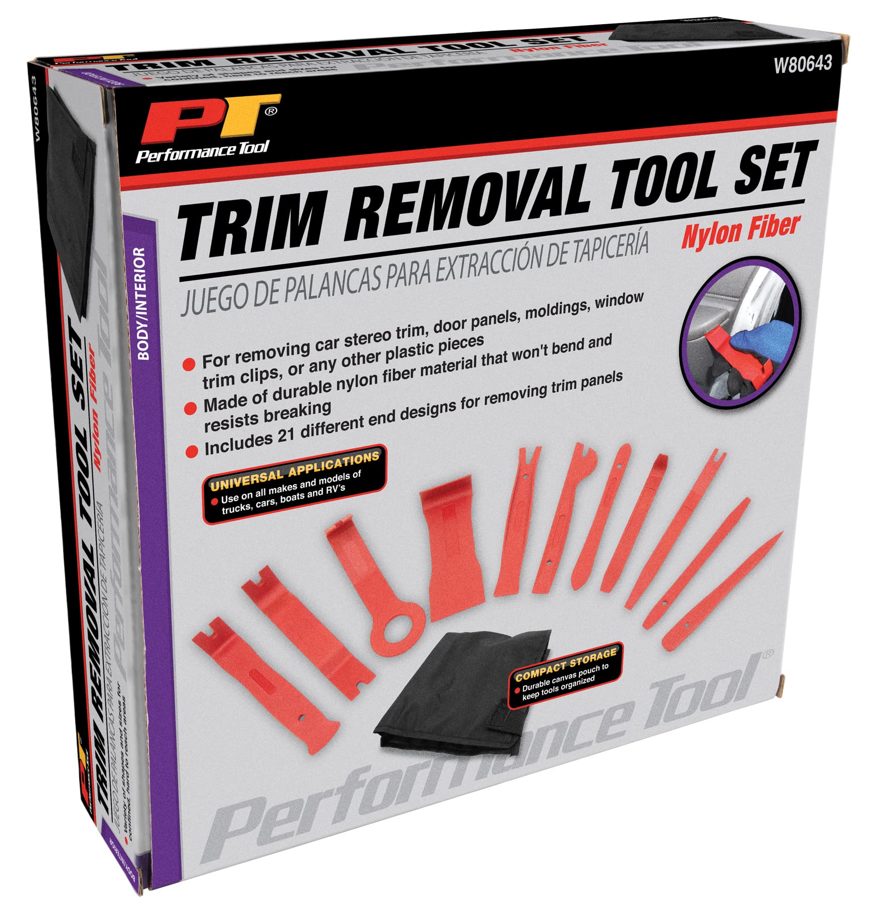 W80643 Performance Tool 11Pc Trim Removal Tool Set - Car Pry Tool Kit for Easy Car Panel, Door, and Audio Trim Removal
