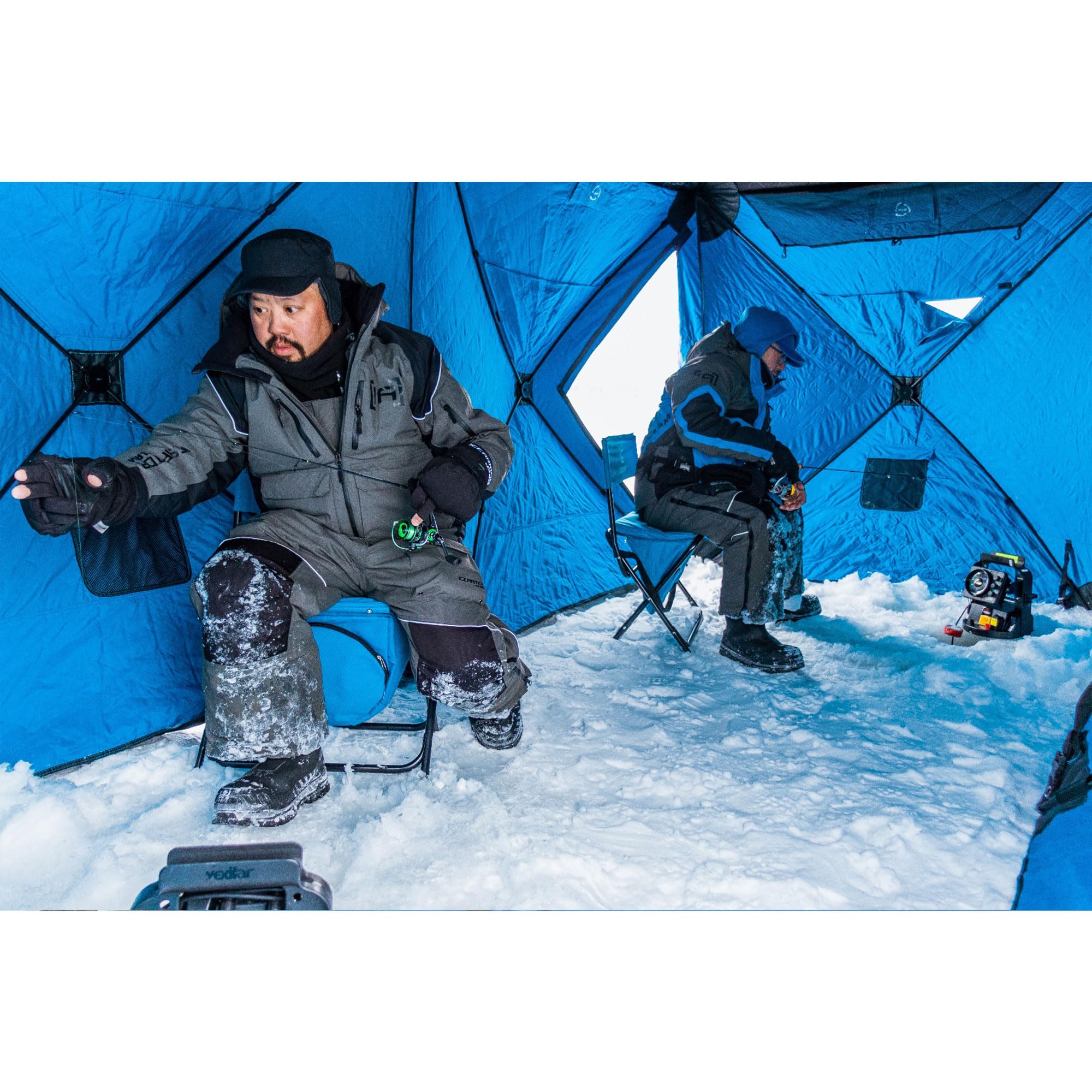 Clam C-720 Portable 2-6 Person 6 x 12 Foot Pop-Up Ice Fishing Angler Double Thermal Hub Shelter Tent with Anchors, Tie Ropes, and Carrying Bag
