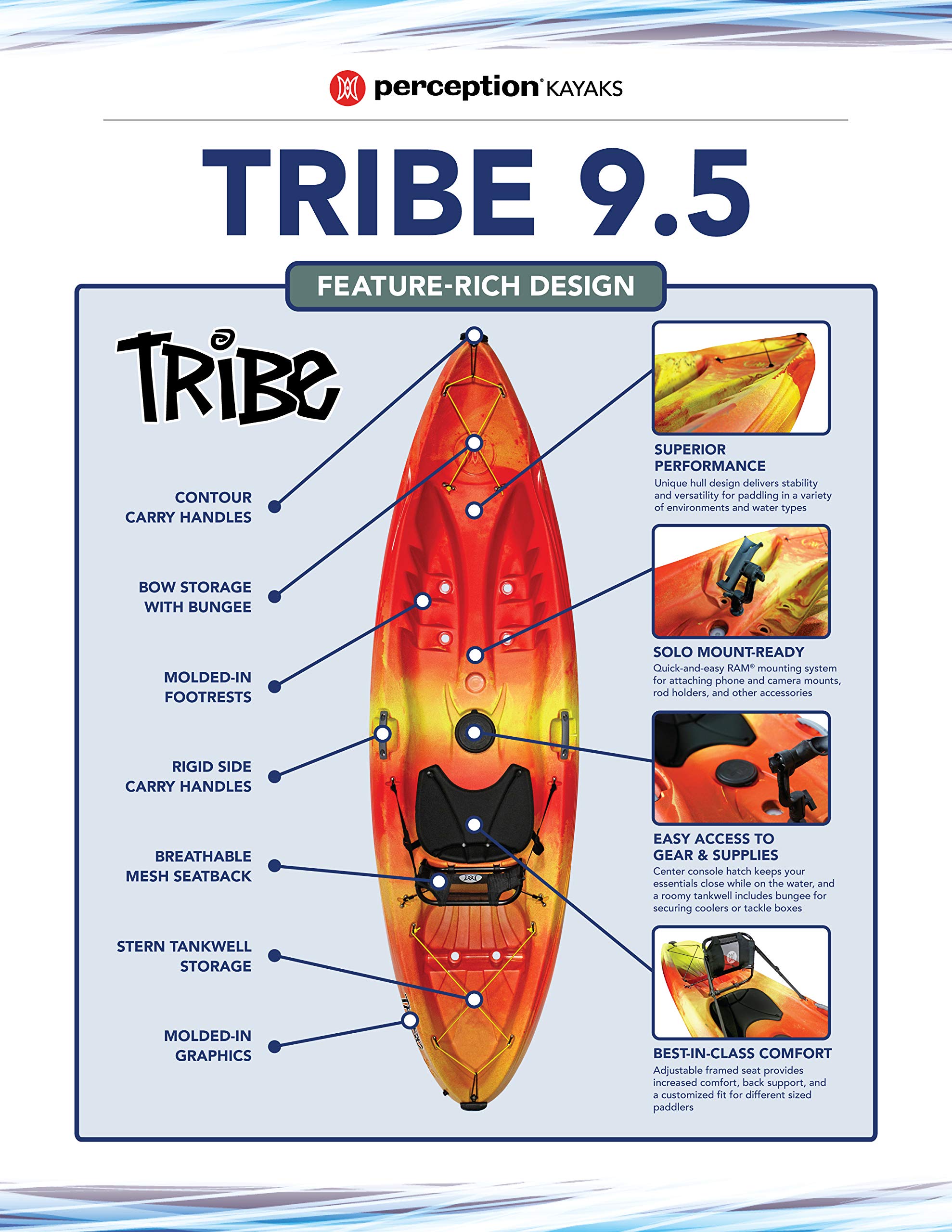Perception 9.5 Tribe - Recreational Kayak Sit on Top - Large Rear Storage with Tie Downs - 9.5 ft - Sunset
