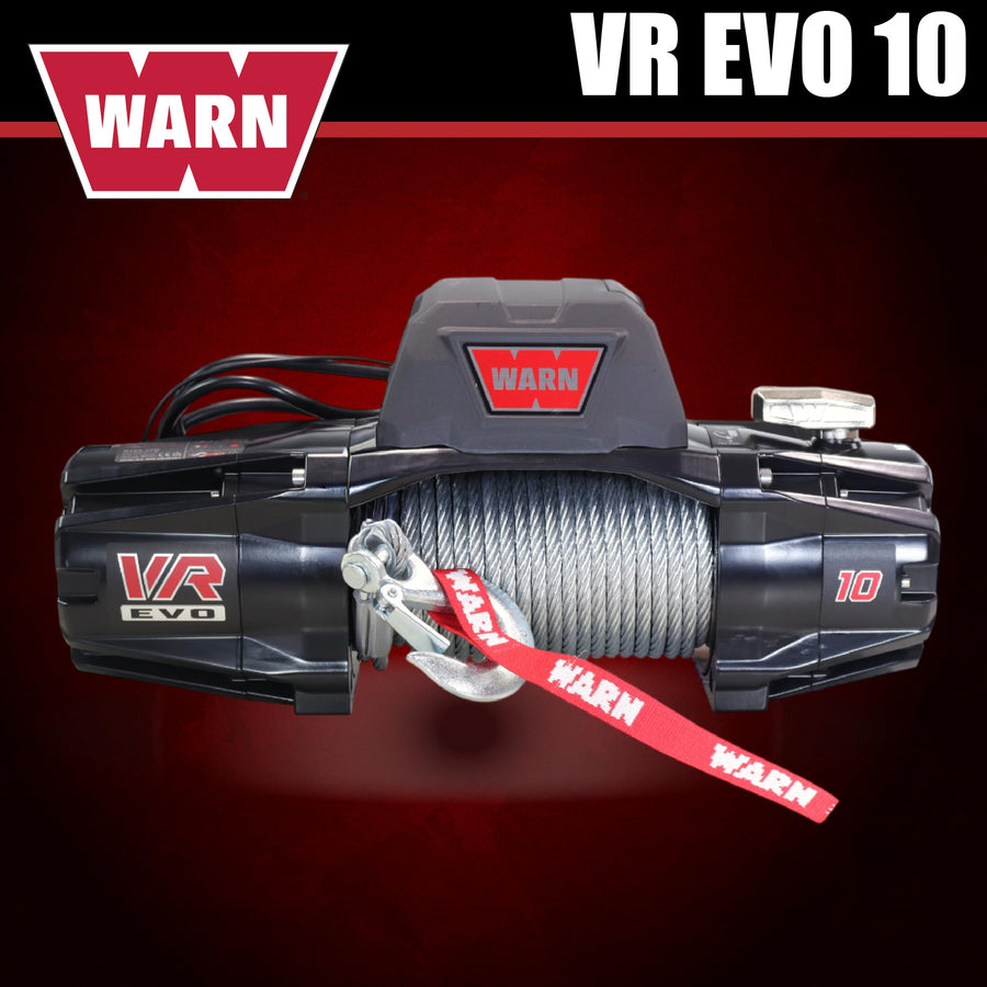 10 WARN VR EVO Standard Duty Electric Winch for Pickups, 1/2-ton, Jeeps, and Larger SUVs, 12V DC, 10,000 lb Line Pull, 90 ft Steel Cable with Roller Fairlead, Relocatable Control Pack.