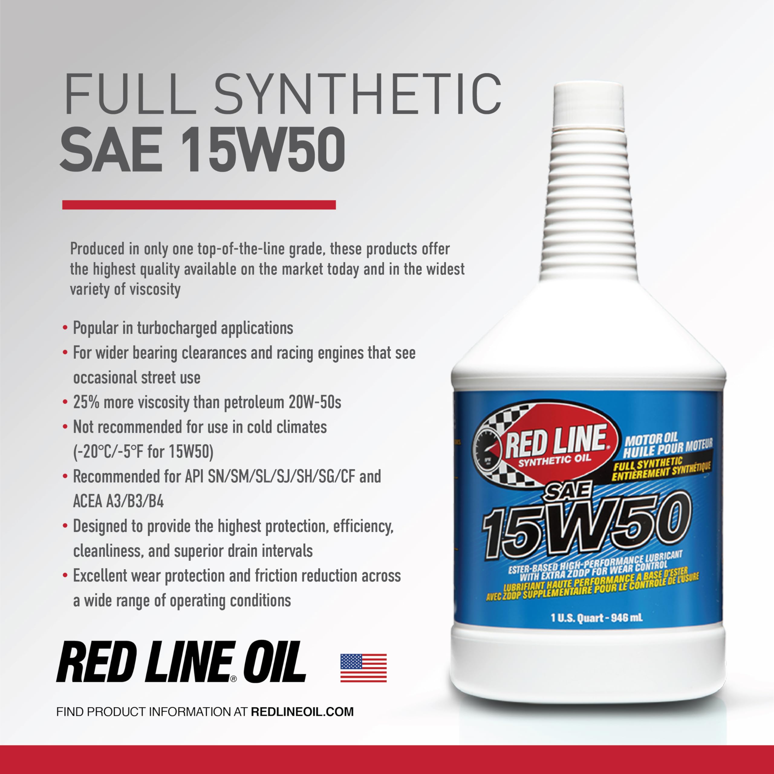 15W50 Red Line SAE Fully Synthetic Motor Oil - 1 Quart