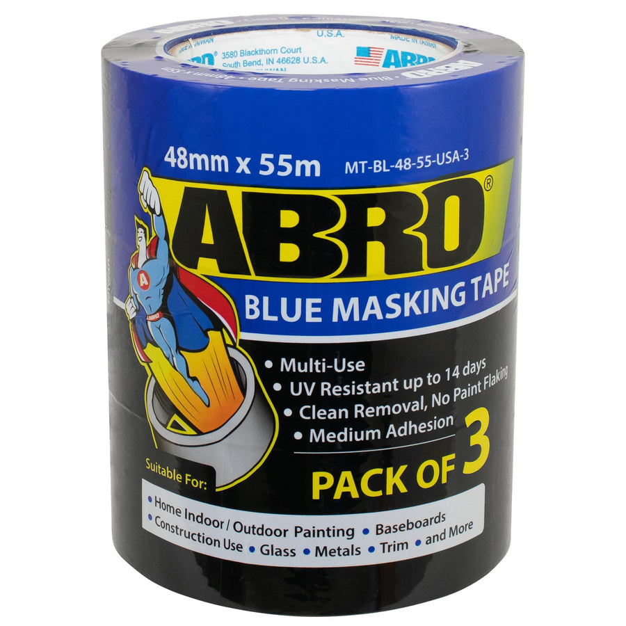 ABRO Painters Tape Blue 2 Inch Wide, 48mm x 55M, All Purpose Blue Tape, Temporary Labeling, Easy Tear, Clean Removal, Masking Tape Colored DIY or Pro - 3 Pack
