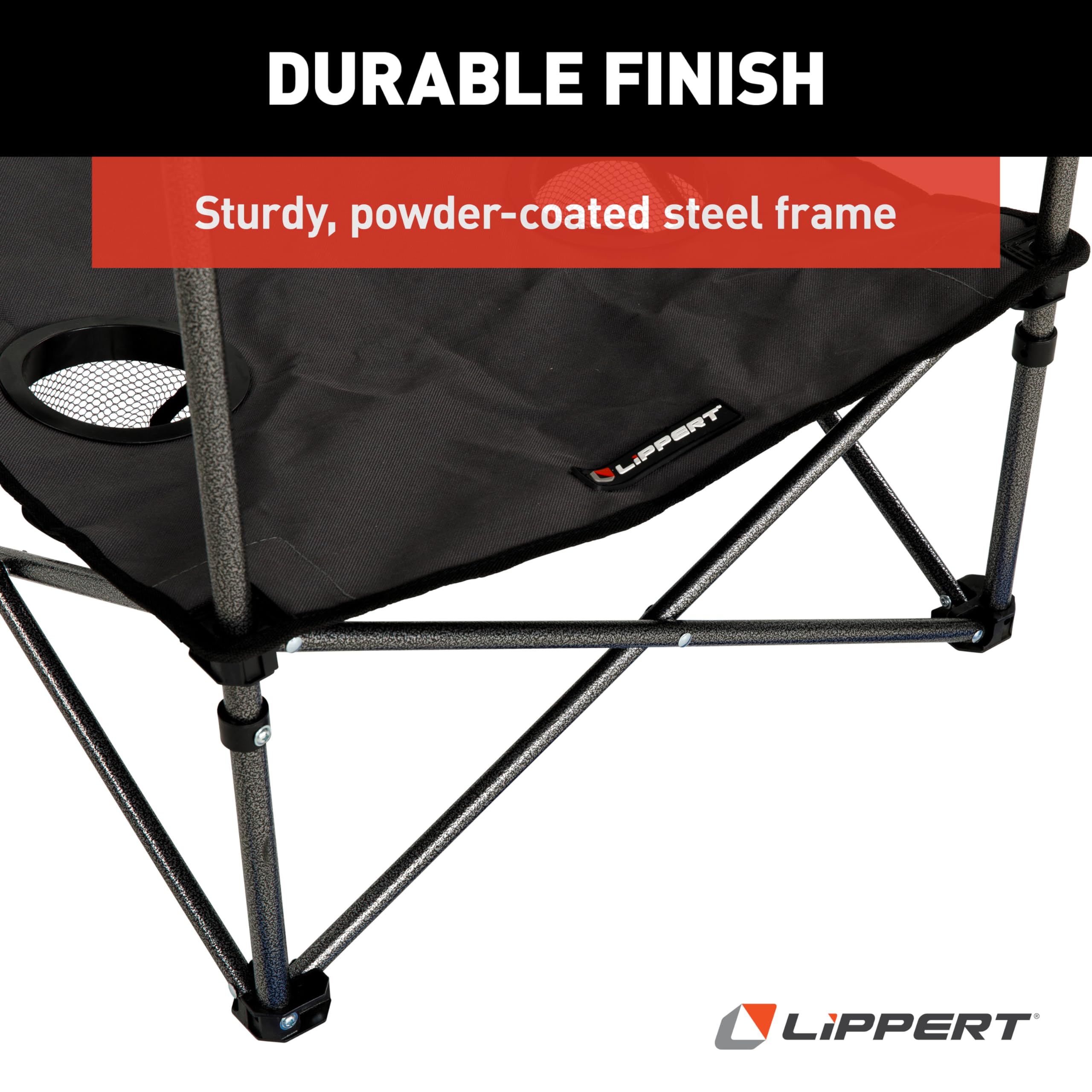 Dark Grey Lippert Two-Tier Folding Camping Table with Dual Cupholders, 600D Polyester Fabric, Powder-Coated Steel Frame, Foldable Design, Lightweight Construction, Zippered Carry Bag - 2023053720