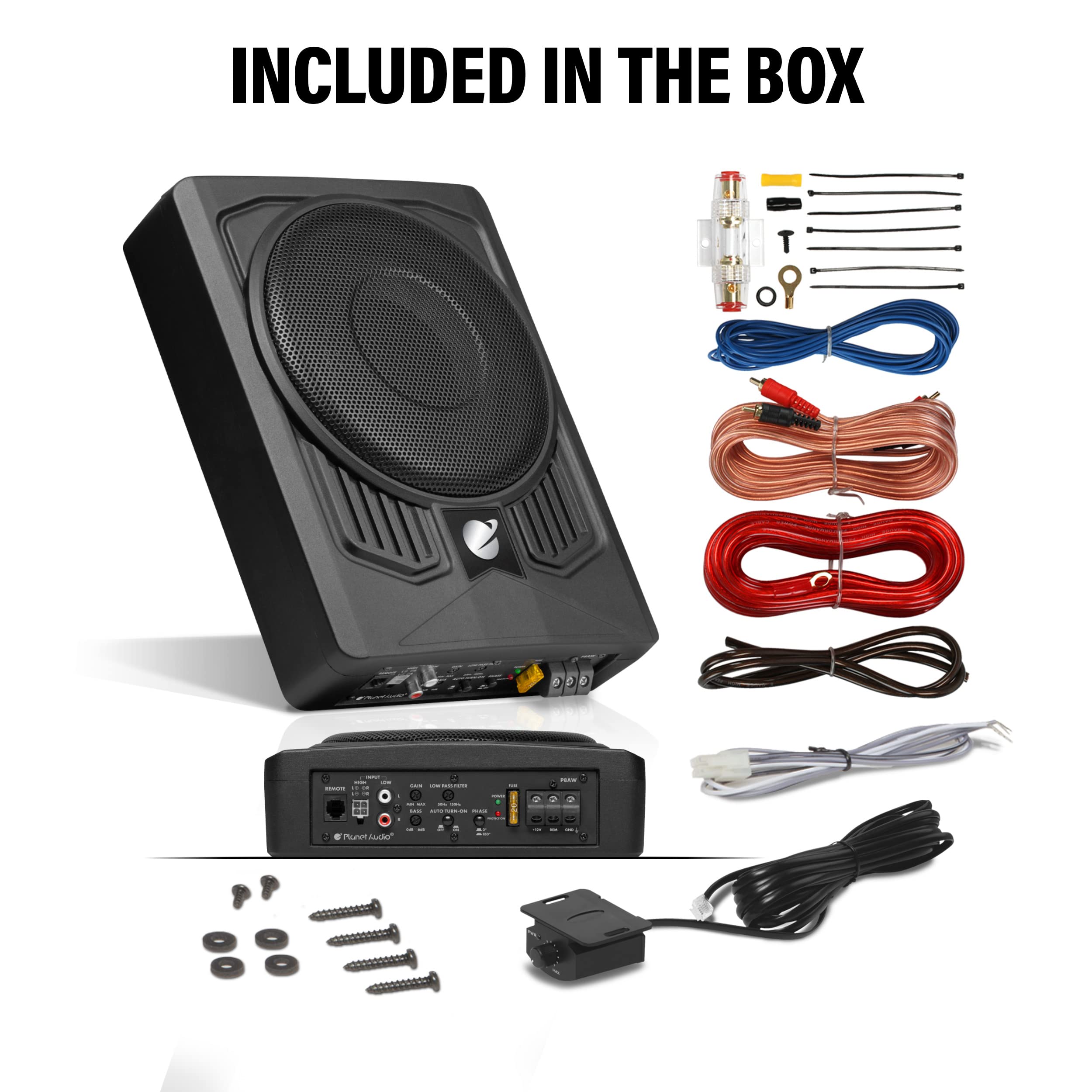 Planet Audio Low Profile P8AWK 8 Inch Under Seat Powered Car Subwoofer - 800 High Output, Built-in Amplifier, for Truck, Boxes and Enclosures, Remote Subwoofer Control