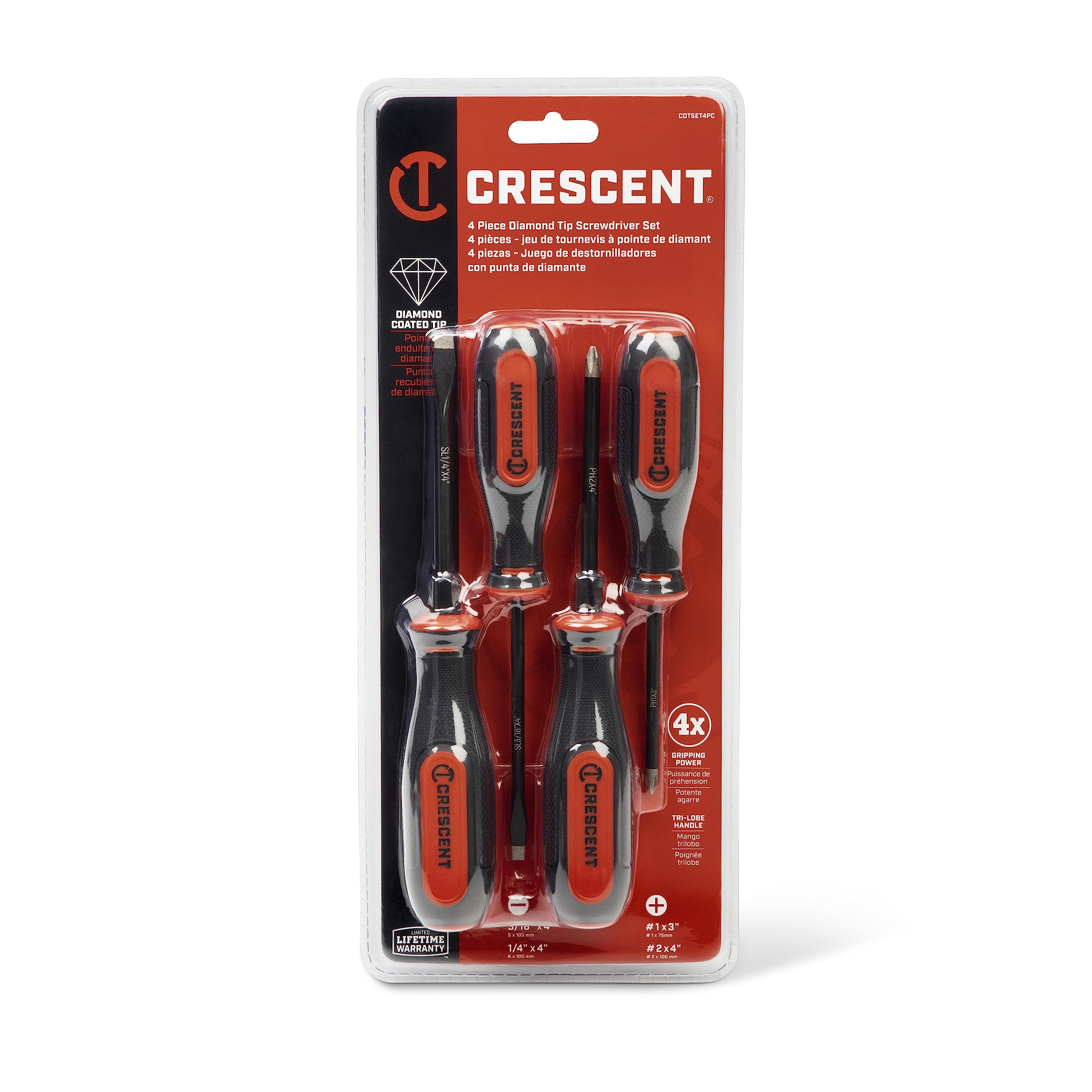4PC Diamond Tip Crescent Dual Material Screwdriver Set with Phillips and Slotted Screwdrivers - CDTSET4PC