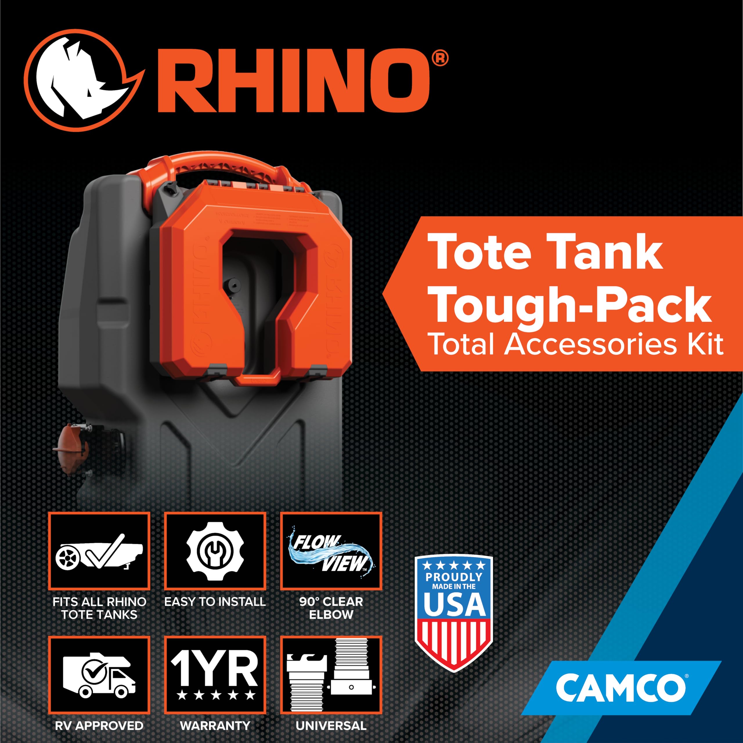 Camco Tough-Pack Rhino Tote Tank – Essential RV Accessory for Efficient Waste Management – Compact 7-Piece Kit Includes Sewer Hose & RV Storage Case (39023)