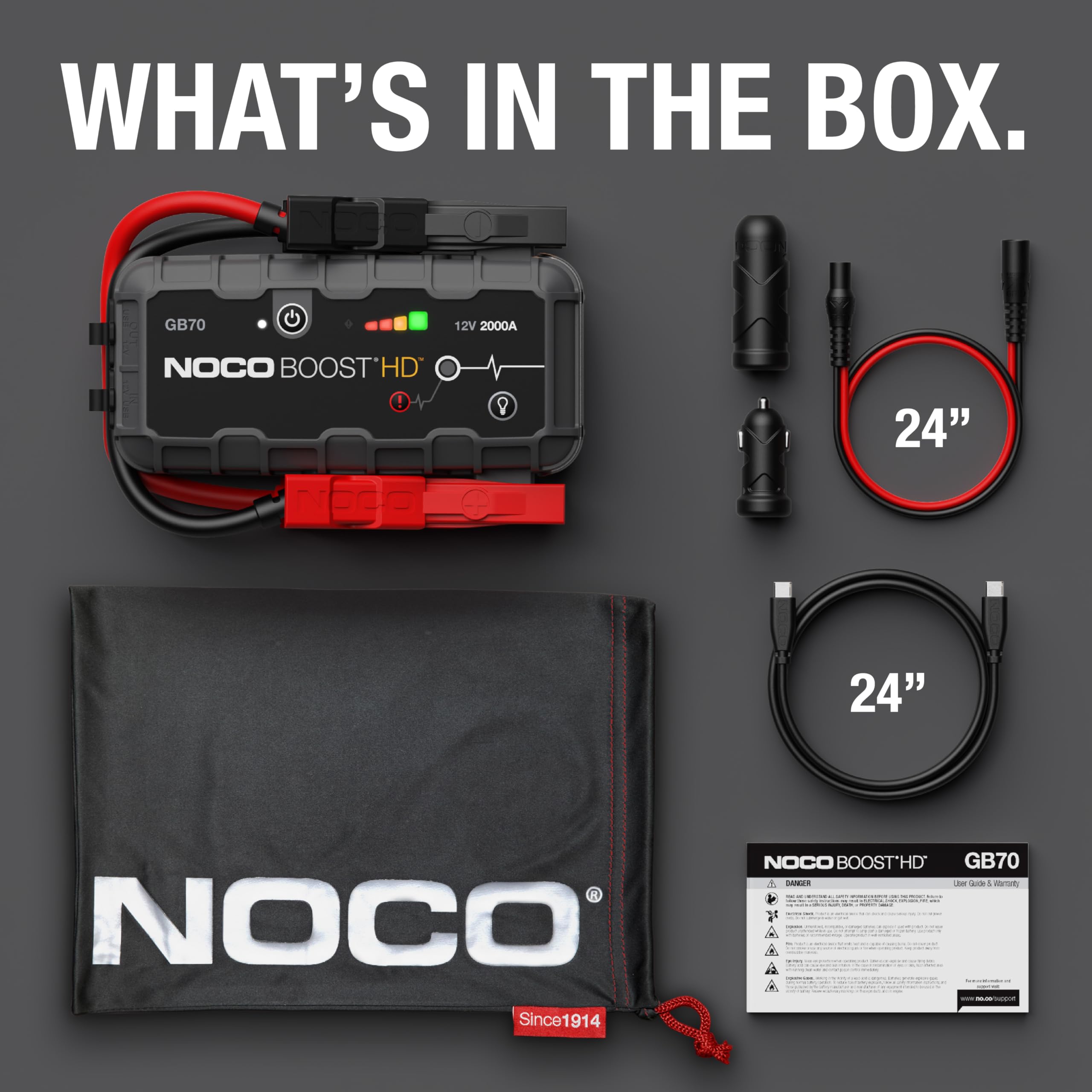 2000A NOCO Boost GB70: UltraSafe Jump Starter – 12V Lithium Battery Booster Pack, Portable Jump Box, Power Bank & Jumper Cables - for 8.0L Gas and 6.0L Diesel Engines