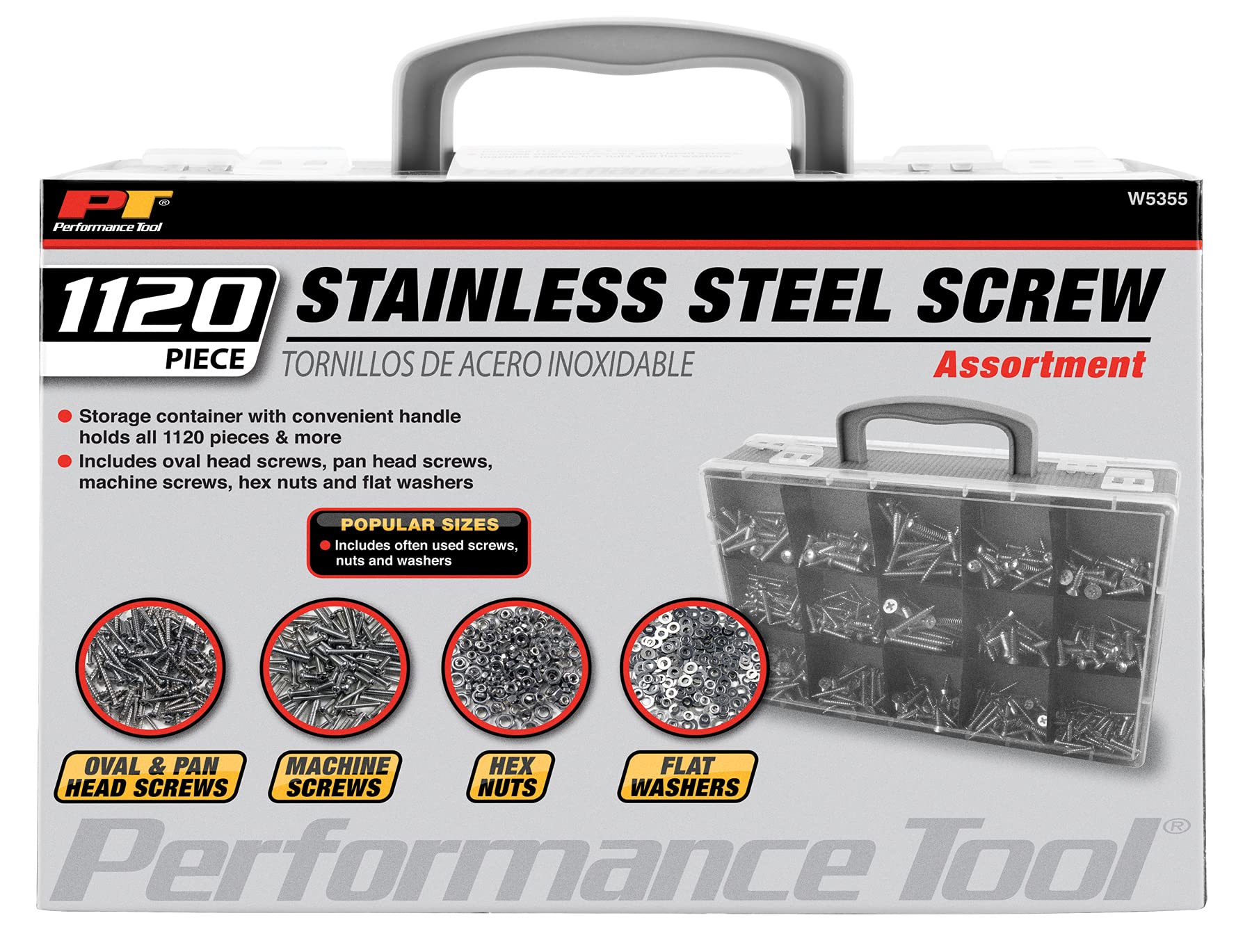W5355 Performance Tool 1,120pc Hardware Assortment (Pan Heads, Oval Head & Machine Screws, Hex Nuts & Flat Washers)