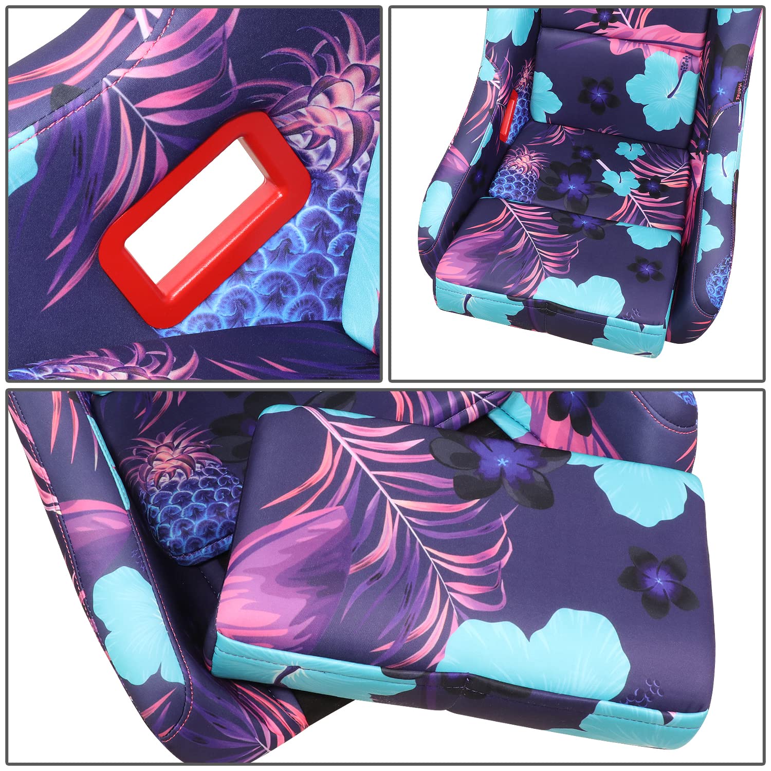 NRG Innovations Prisma FRP-302-PINA Fixed Back Bucket Racing Seat with Bottom Mount Bracket, Invert Tropical Print/Purple Sparkled Paint Back