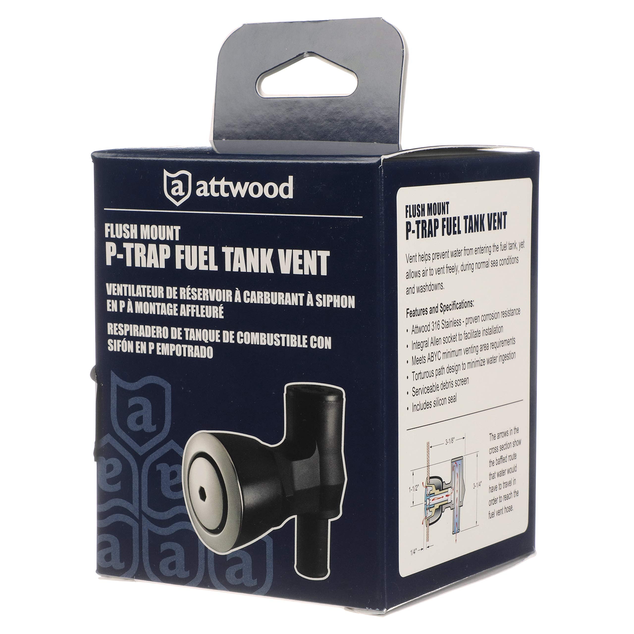 90-Degree Attwood P-Trap Fuel Tank Vent, Flush Mount, 5/8-Inch Interior Diameter Hose, Stainless Steel Vent Head