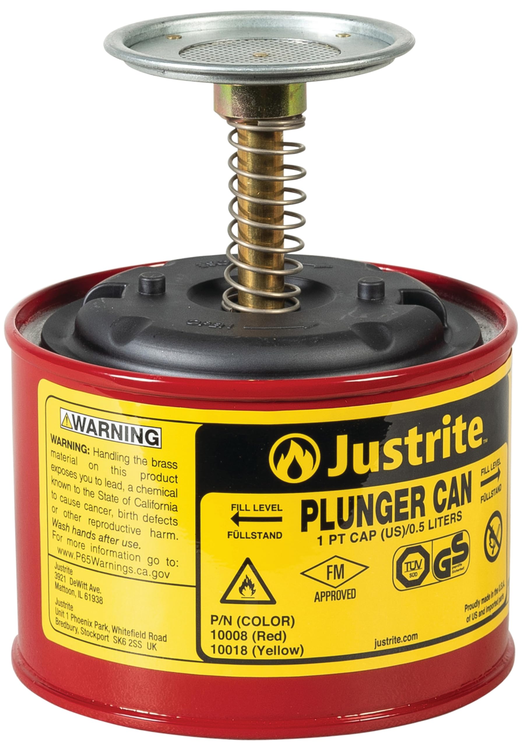 1 Pint Justrite Plunger Can for Solvents, 5.25" x 4.9" Steel Push-Down Solvent Dispenser Can, Made in the USA Industrial Mechanic Tools, Red, 10008