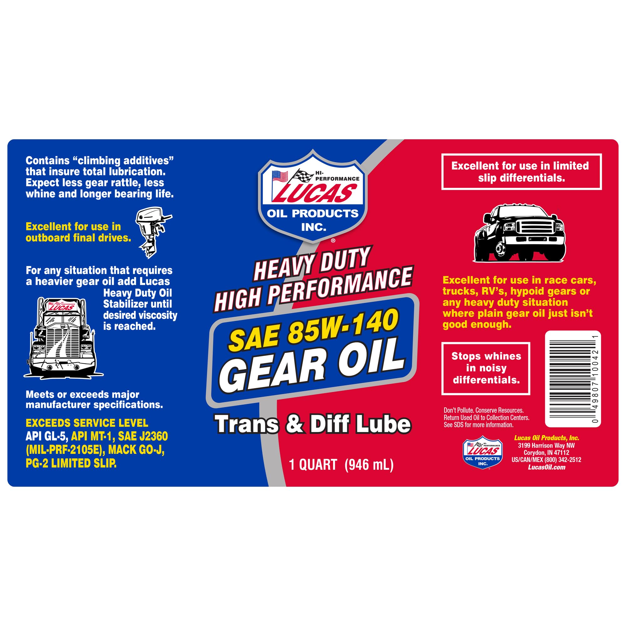Lucas Oil 10042 SAE 85W-140 Heavy Duty High Performance Gear Oil - 1 Quart