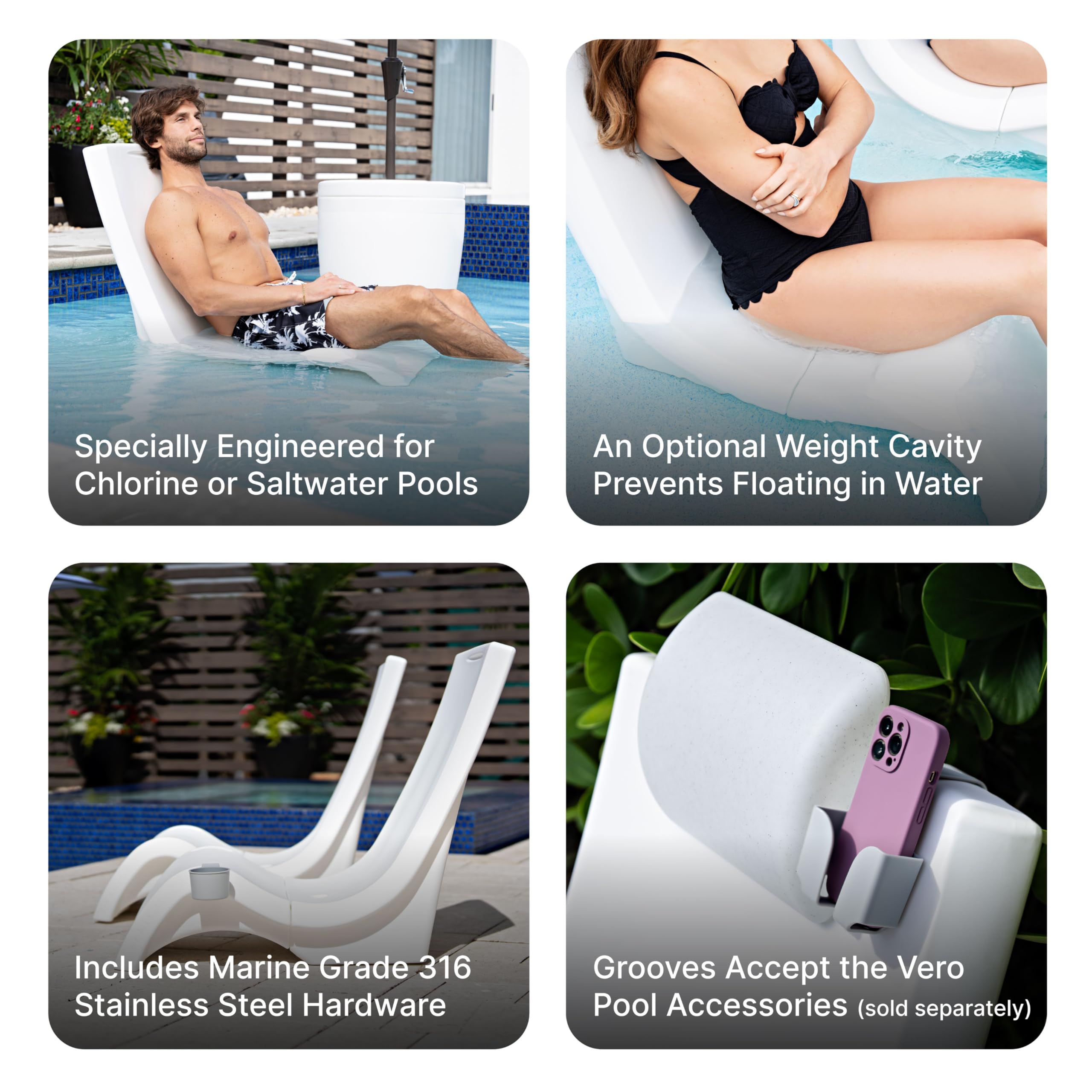 Vero Step2 Pool Chair, Fade-Resistant, Waterproof Patio Furniture for Sun Shelf, Use in Pools up to 9-Inches of Water, Weighted, White