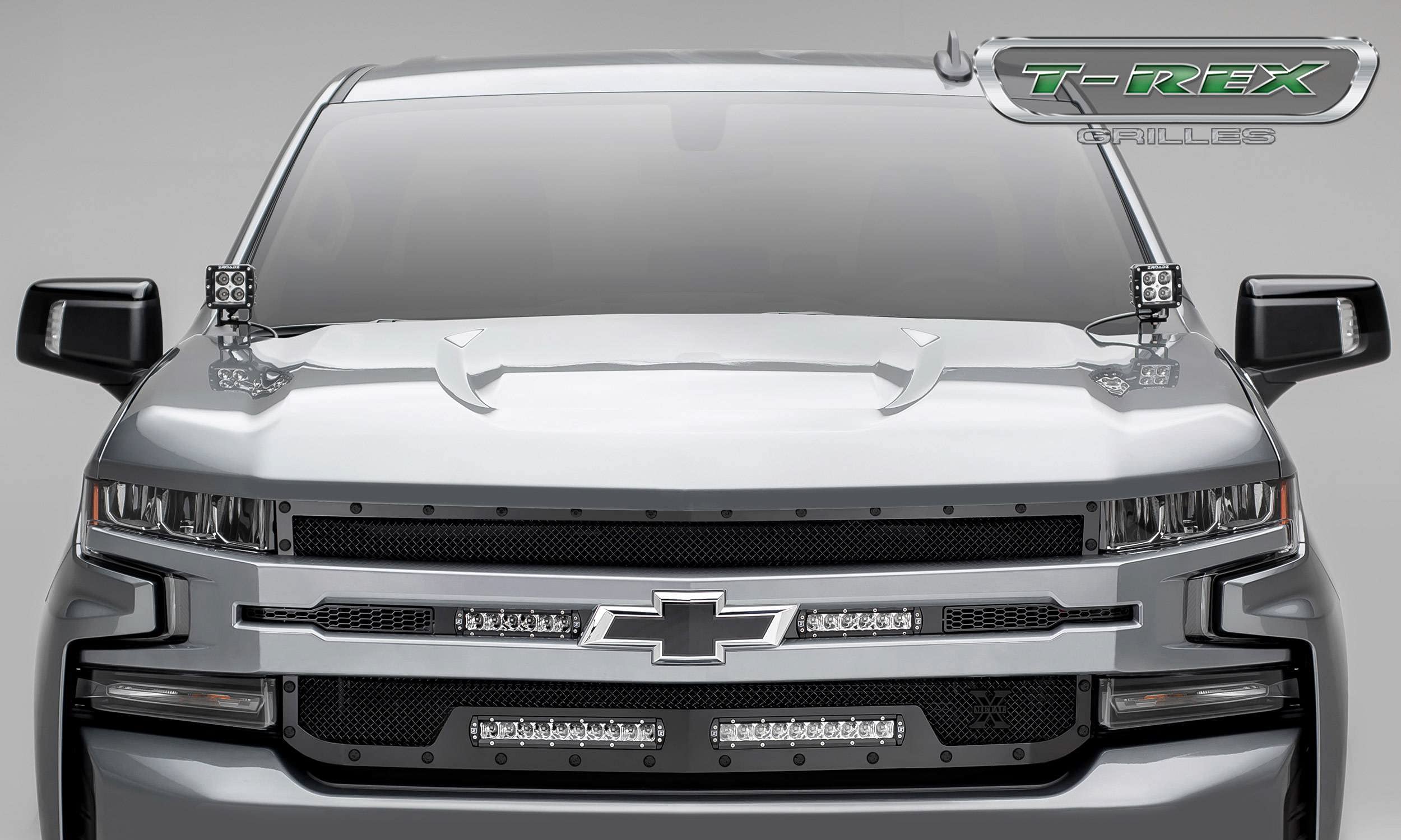 T-Rex Grilles Stealth Torch Grille 2019-2022 Silverado 1500, Black, 1 Pc, Replacement, Black Studs with (2) 6 Inch and (2) 10 Inch LEDs, Does Not Fit Vehicles with Camera - PN #6311261-BR