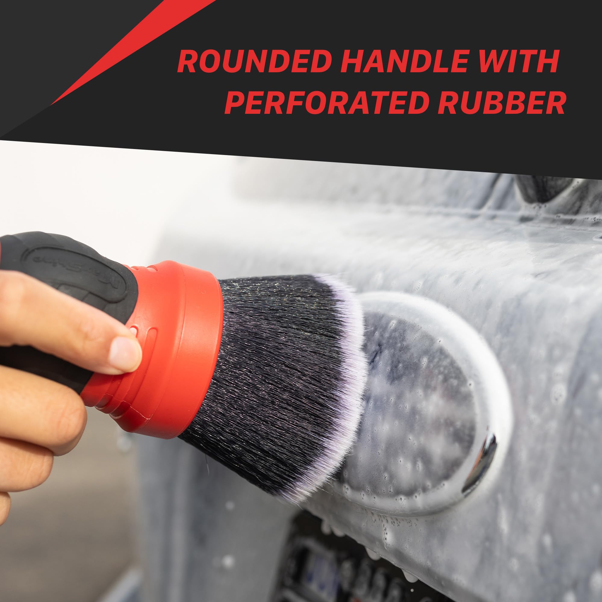 Maxshine Ultra-Soft Red & Gray Combo Large Bristle Brush with Storage Rack | Curved Grip Interior Detailing Brush for Dashboard, Displays & Air Vents | Premium Car Cleaning Accessory
