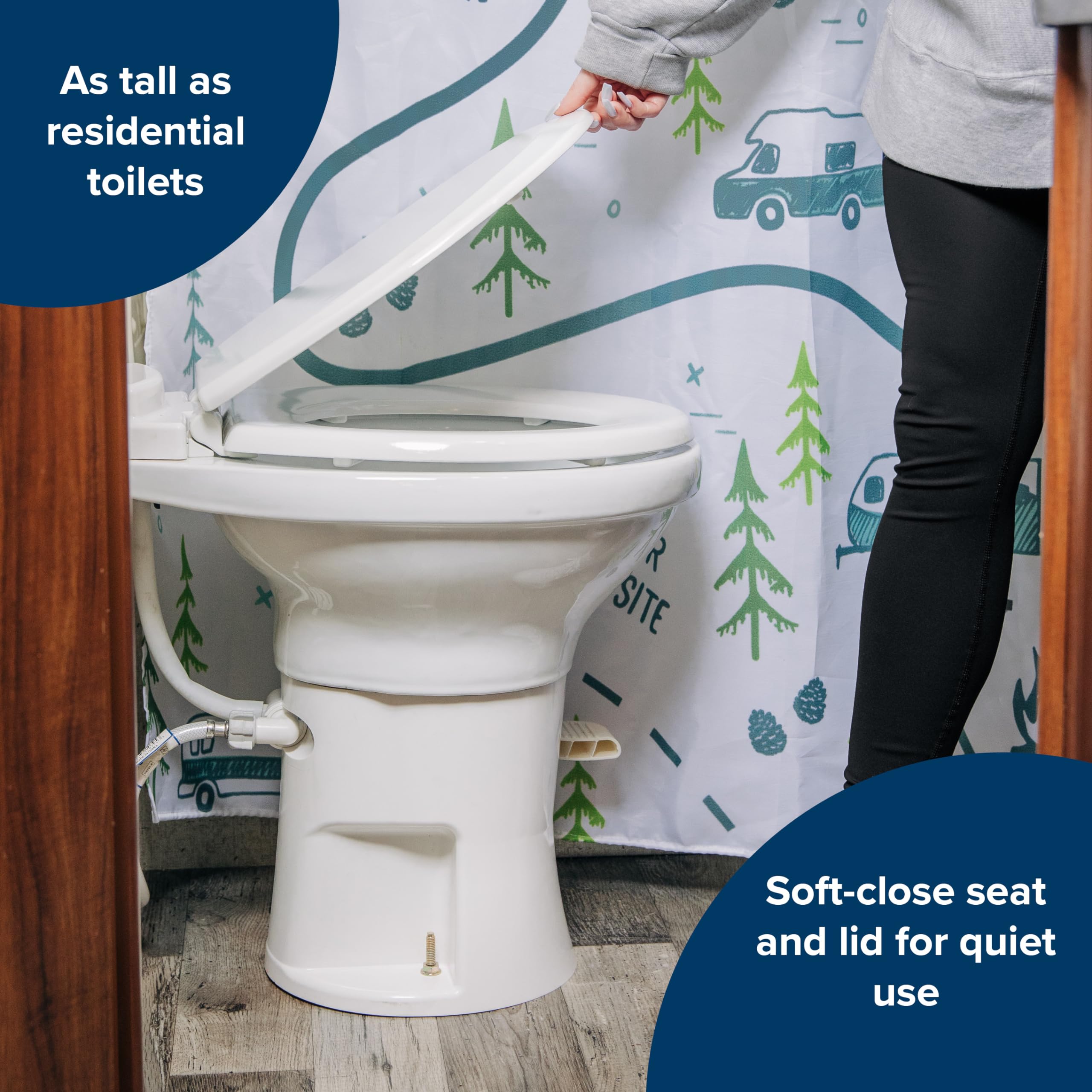 Camco Premium Camper/RV Ceramic Toilet - Features Gravity Flush System with Convenient Foot Pedal & Full-Sized Ergonomic Design with 18" Chair Height - Soft-Close Wood Seat & Lid - White (41710)