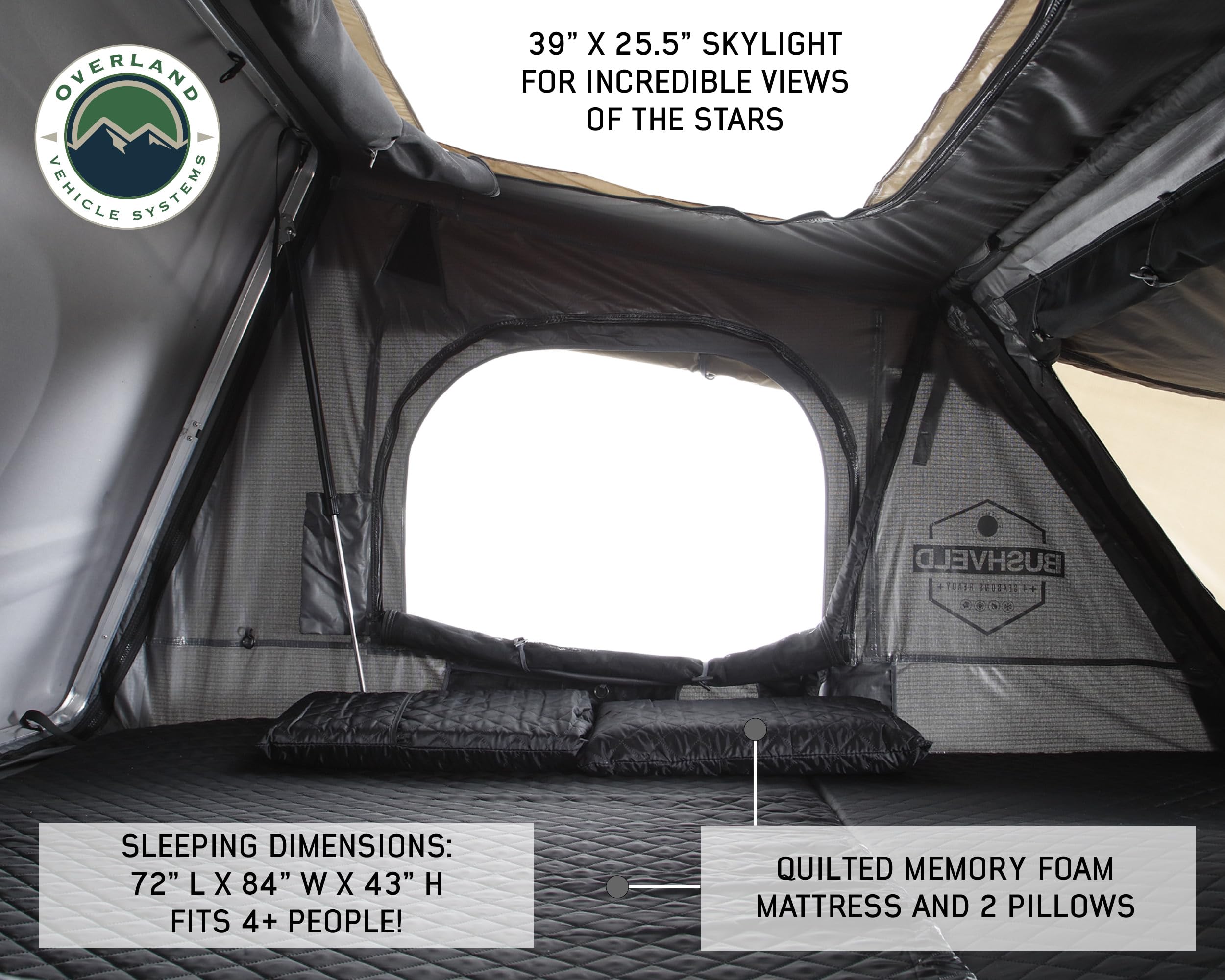 Overland Vehicle Systems Hard Shell Bushveld Clam Shell Roof Top Tent with Aluminum Base Dark Grey Body and Green Rainfly - 4 Person Tent - Four Seasons Ready